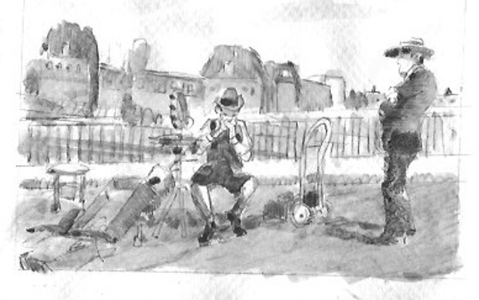 Here is a quick sketch of a man watching a street performer on Point St. Louis.