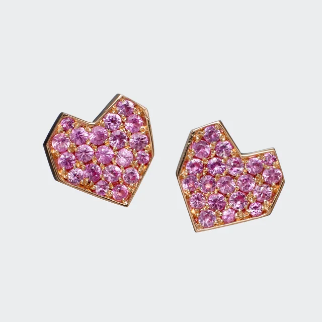 18k rose gold and natural pink sapphire “psychic hearts" studs