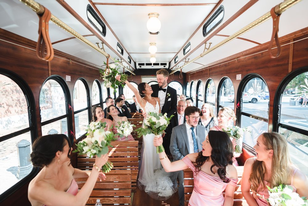 couple inside trolley wedding photo