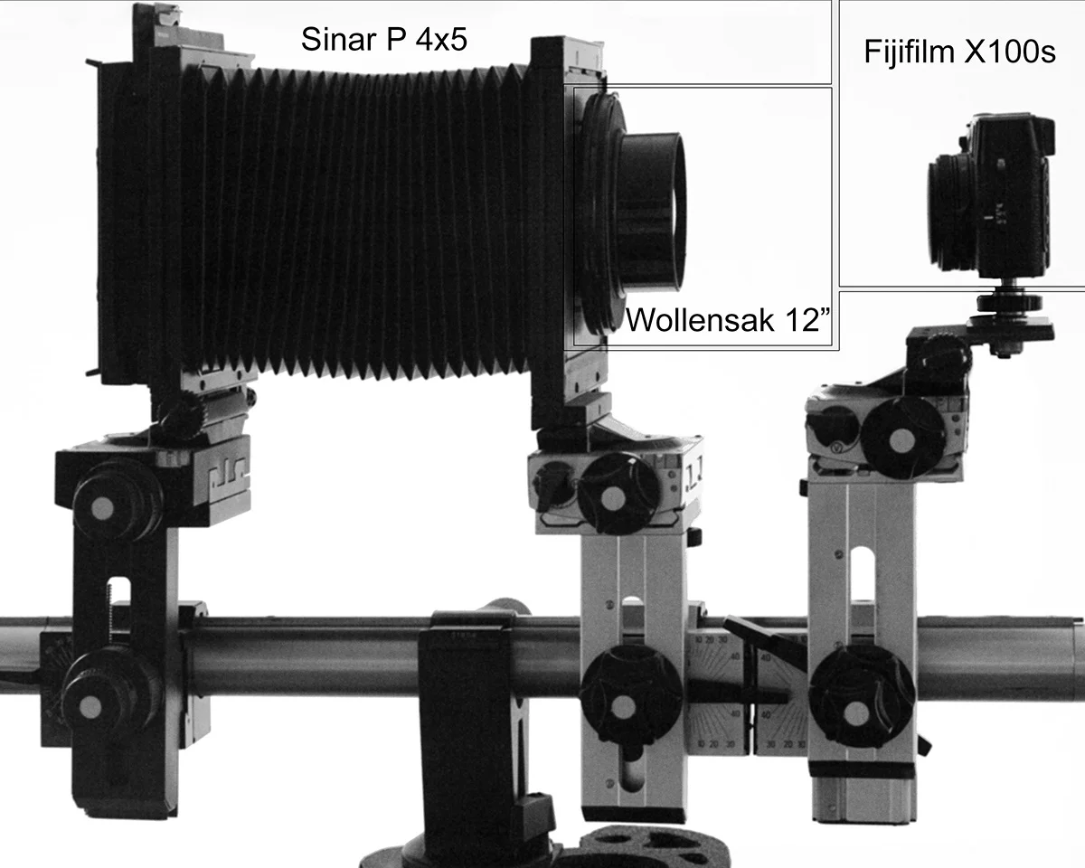 50 years old 4x5 Sinar P (the digital back is not shown) with 100 years old Wollensak lens vs modern Fuji X100s. It looks like Fuji is smaller than the front of the old timer lens.