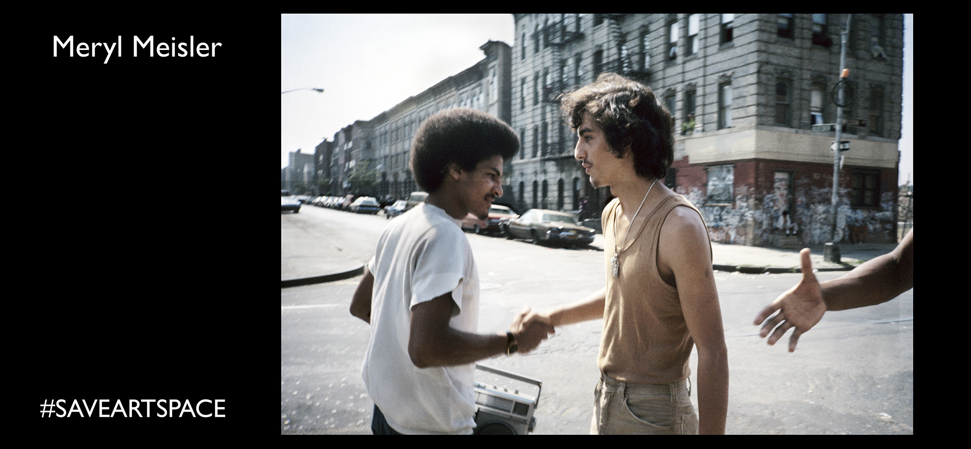 Meryl Meisler, Handshake Wilson Avenue @ Bleecker Street, Bushwick, September 1982 Series: Bushwick in the 80s Cover image of Meryl’s book “A Tale of Two Cities: Disco Era Bushwick” (Bizarre Publishing 2014)