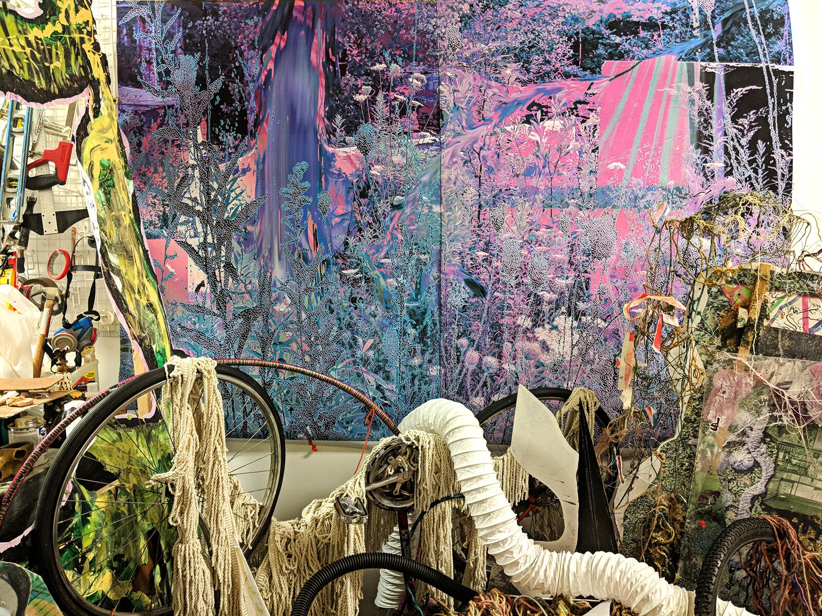 Brian Zegeer Studio Installation, ChaShaMa Studios, Brooklyn Army Terminal evolving sculptural environment (pigment prints, video monitors, hand-dyed jute macrame, found objects) 2018