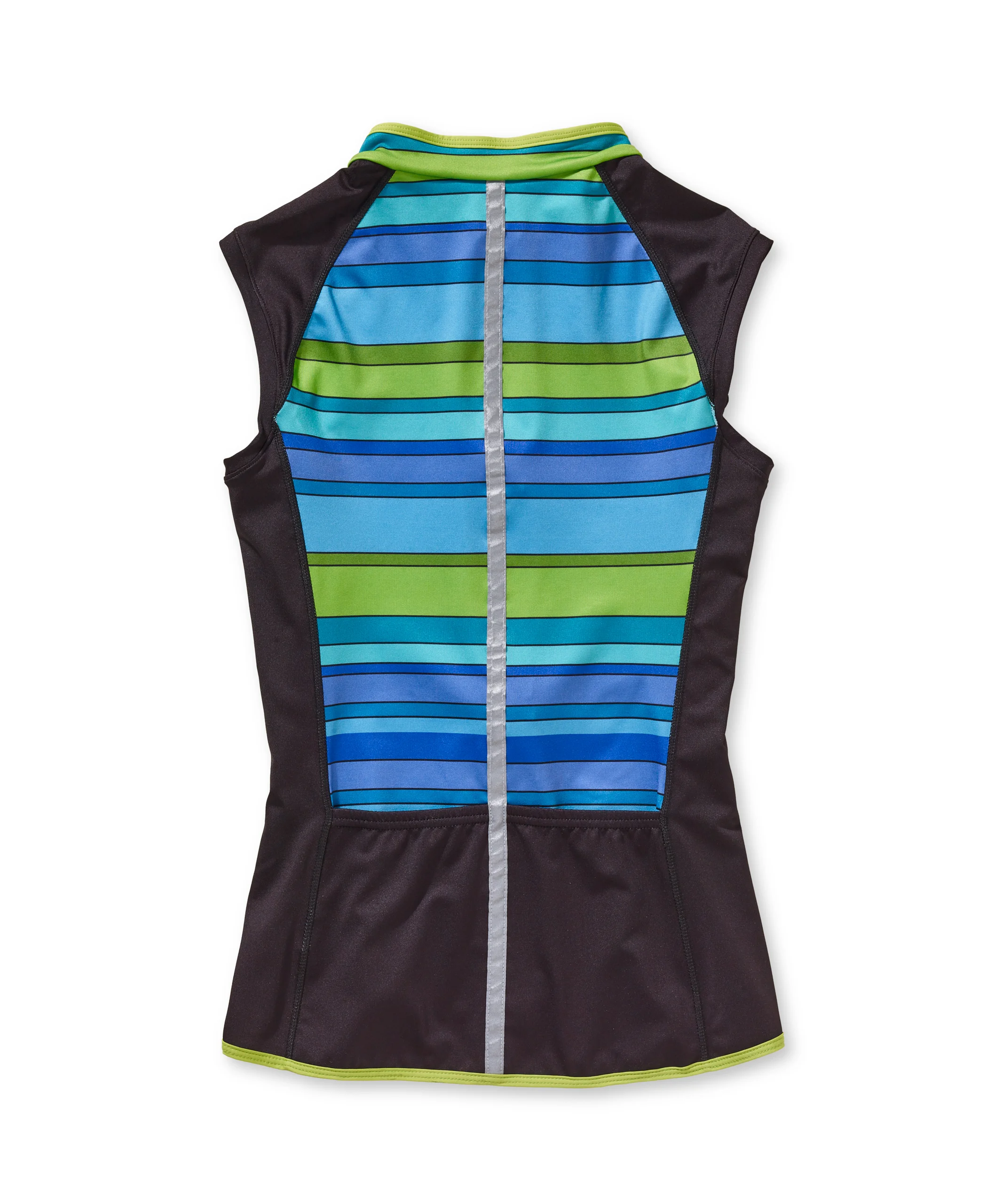 back of sleeveless cycling jersey with bold green purple blue stripes
