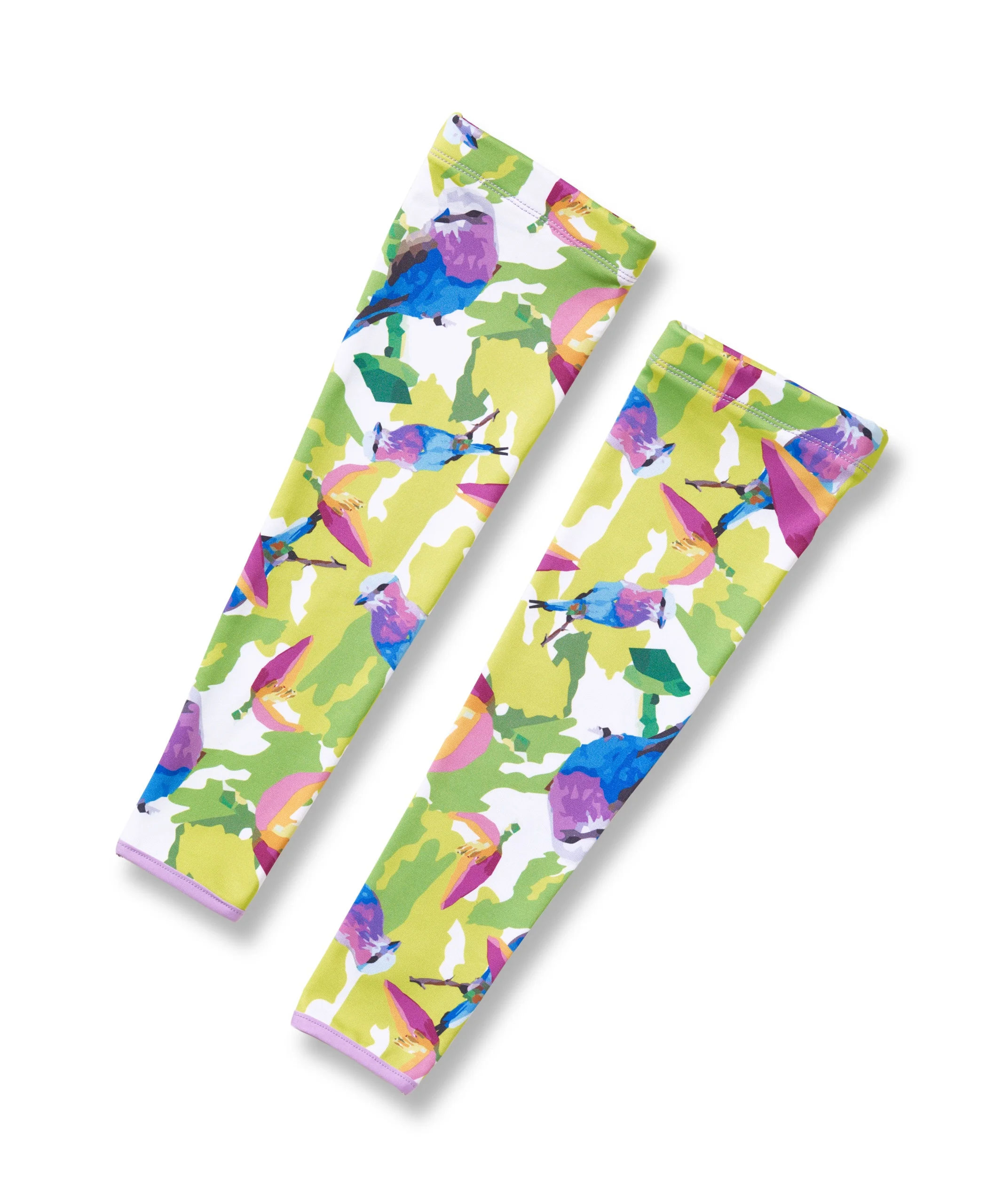 arm warmers with bright green bird print