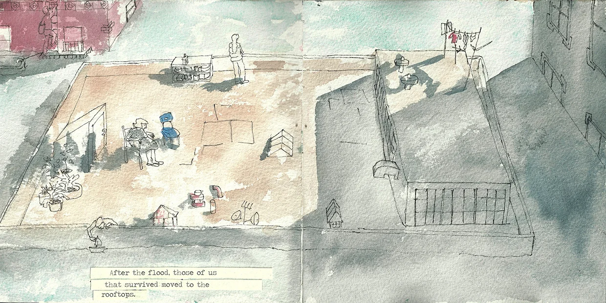 To Fish We Shall Return - excerpt from Book 1, 2013, 3 handbound books with gouache, ink, and digital collage, 7" x 7" x 1/4"