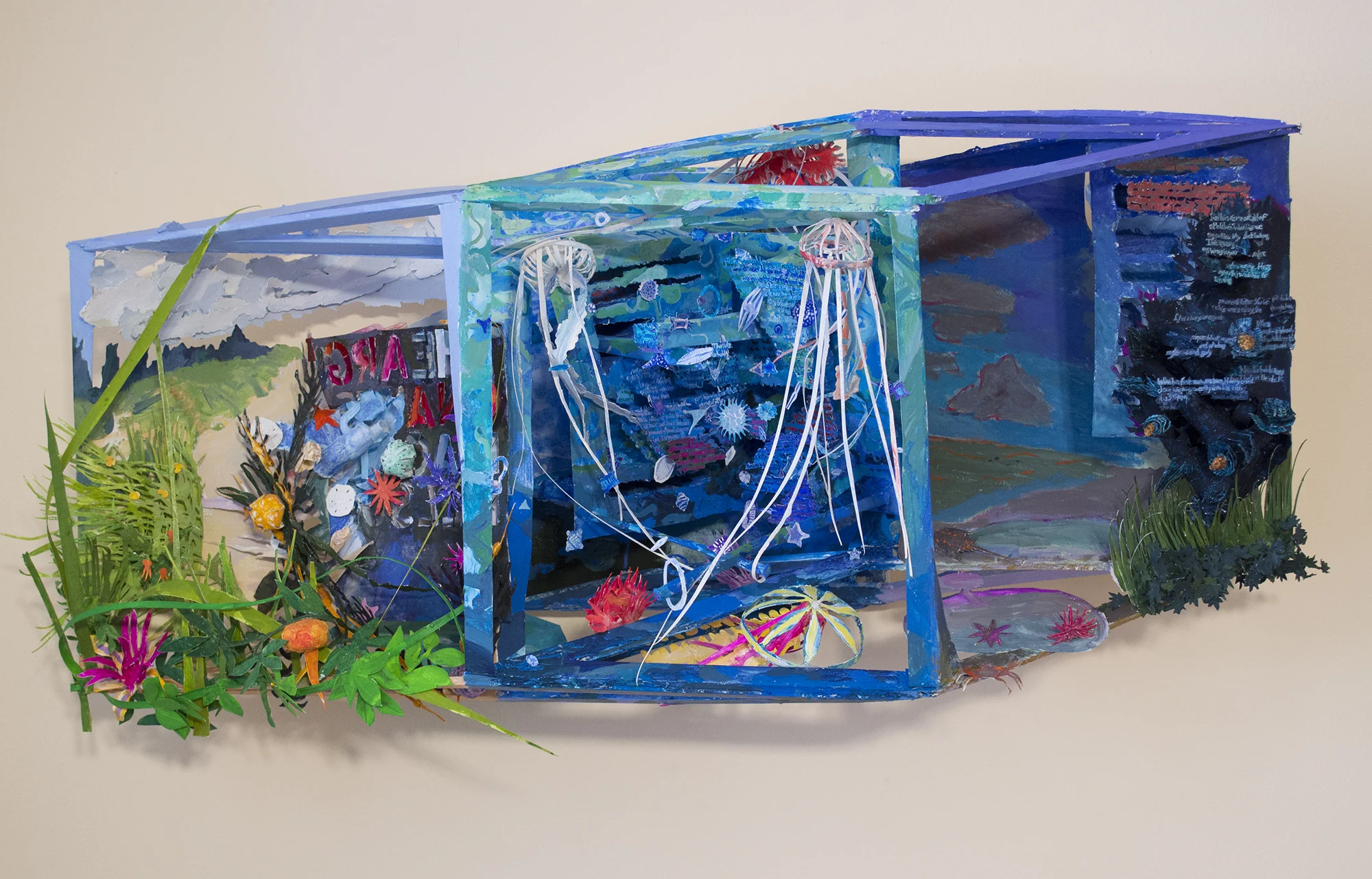 Beach Reading, 2019, gouache on paper construction with wood support, 16 x 38 x 10 inches