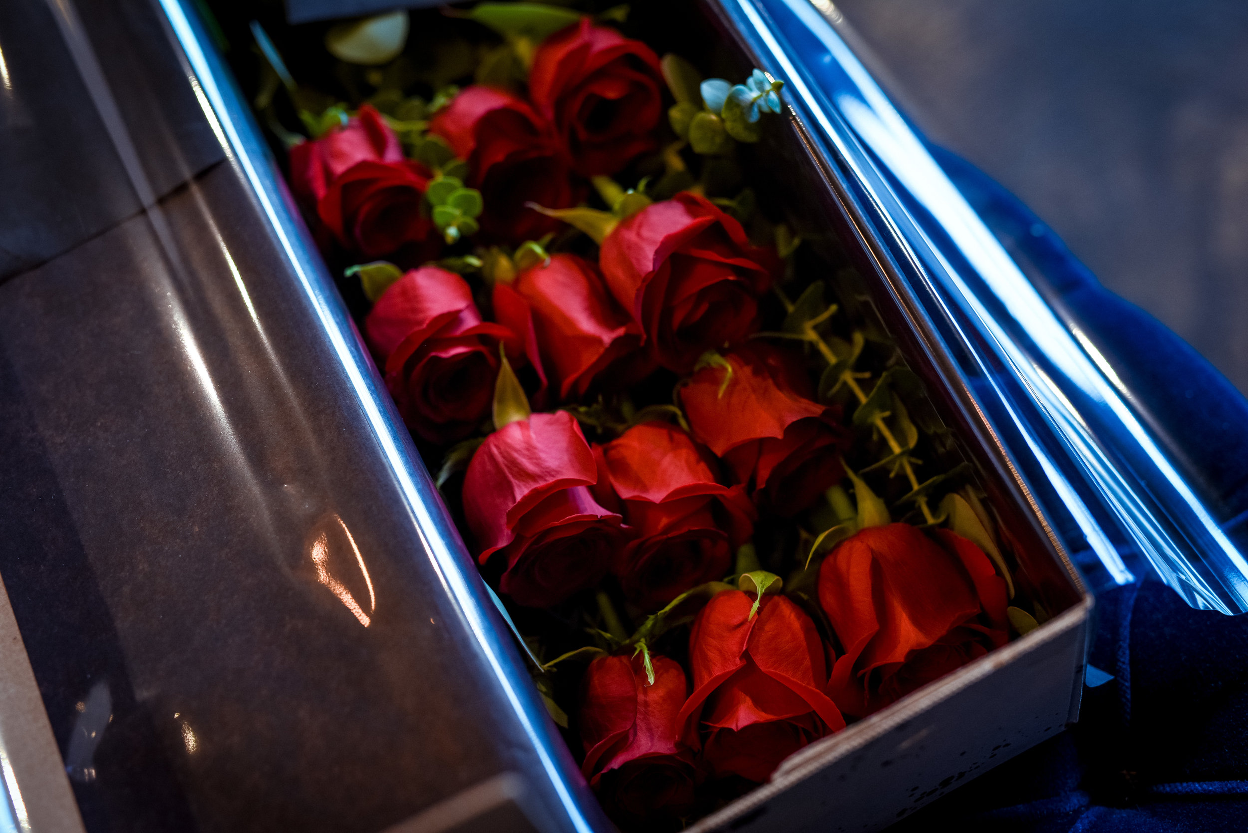 Red roses arranged in a sleek Classic Rose Box by Fabloomosity, romantic Valentine’s Day flower gift in St. Albert and Edmonton