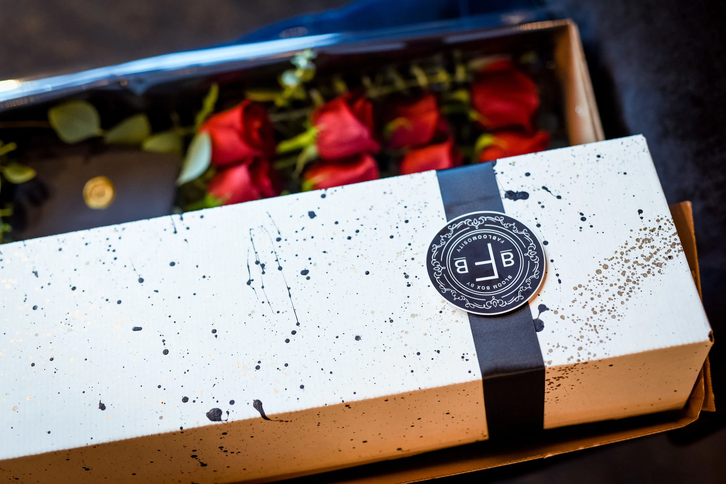 Classic Rose Box by Fabloomosity with fresh red roses inside a luxury gift box, Valentine’s Day flowers available in Edmonton and St. Albert