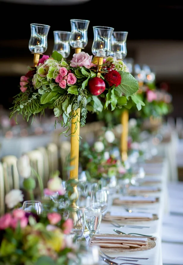 Candelabra Centrepieces with Flowers and Fruits