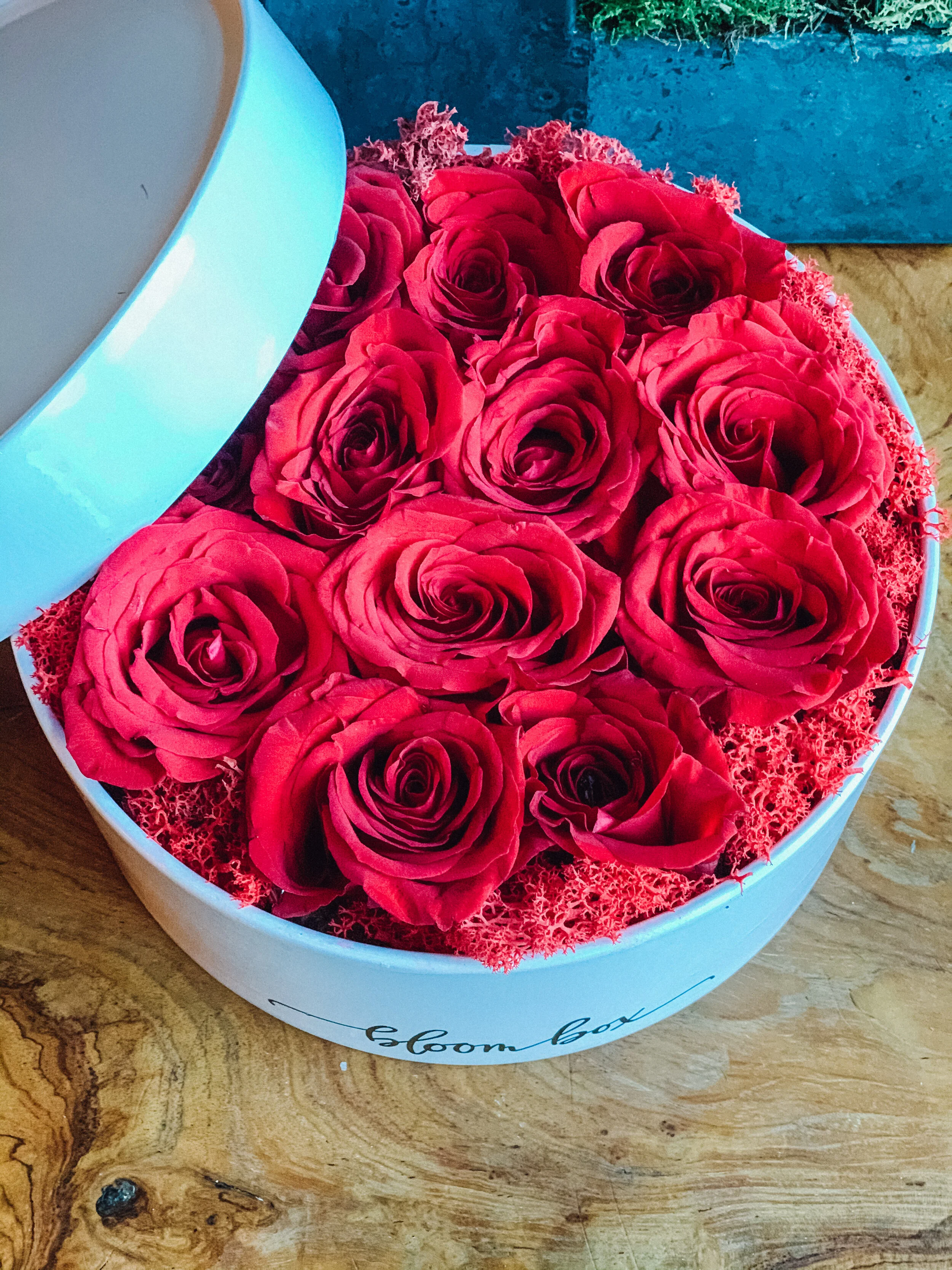 Red rose heart box arrangement in a white hat box for Valentine’s Day, available for delivery, Edmonton, St. Albert and surrounding areas.