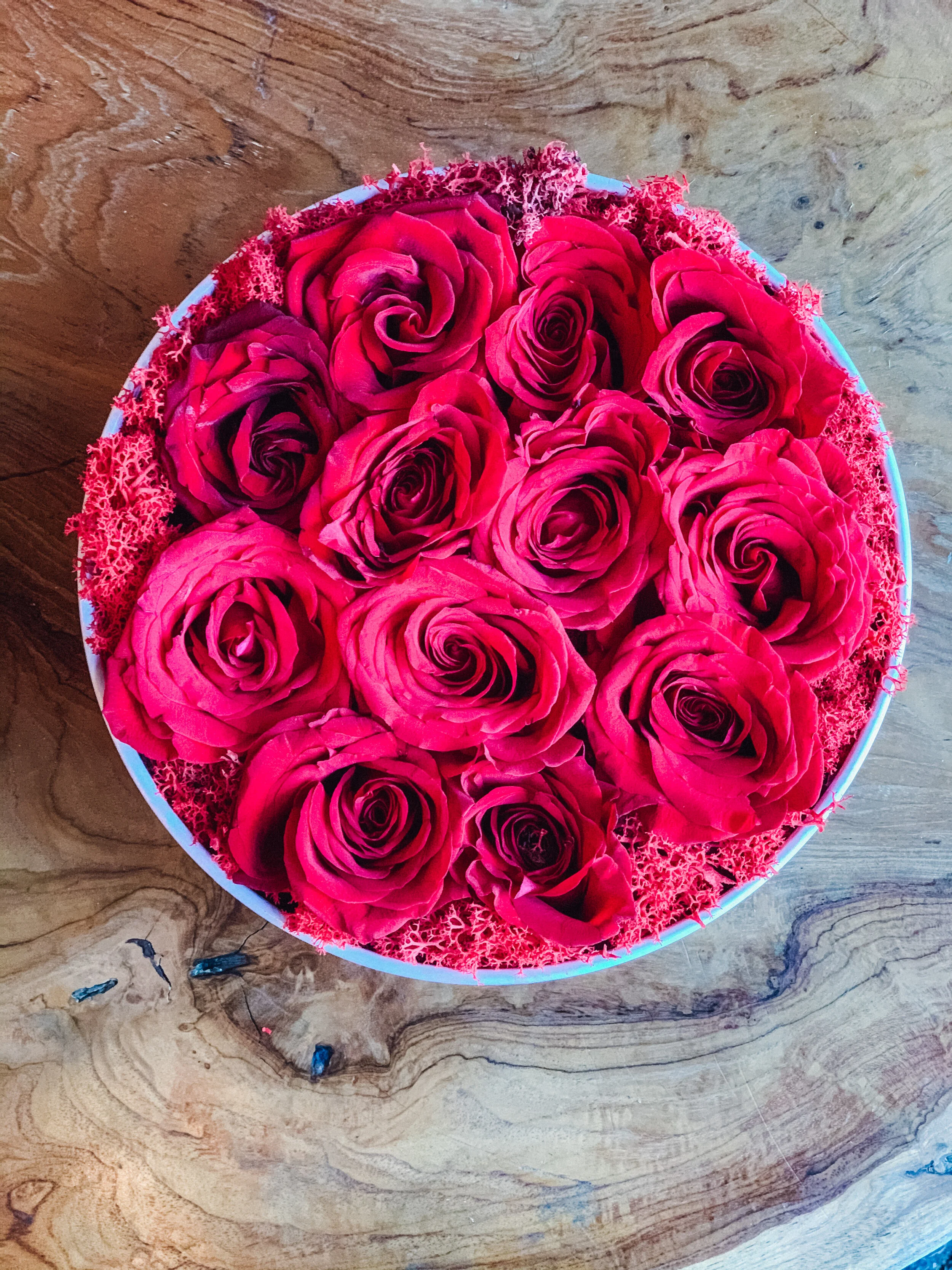 Red rose heart box arrangement in a white hat box for Valentine’s Day, available for delivery, Edmonton, St. Albert and surrounding areas.
