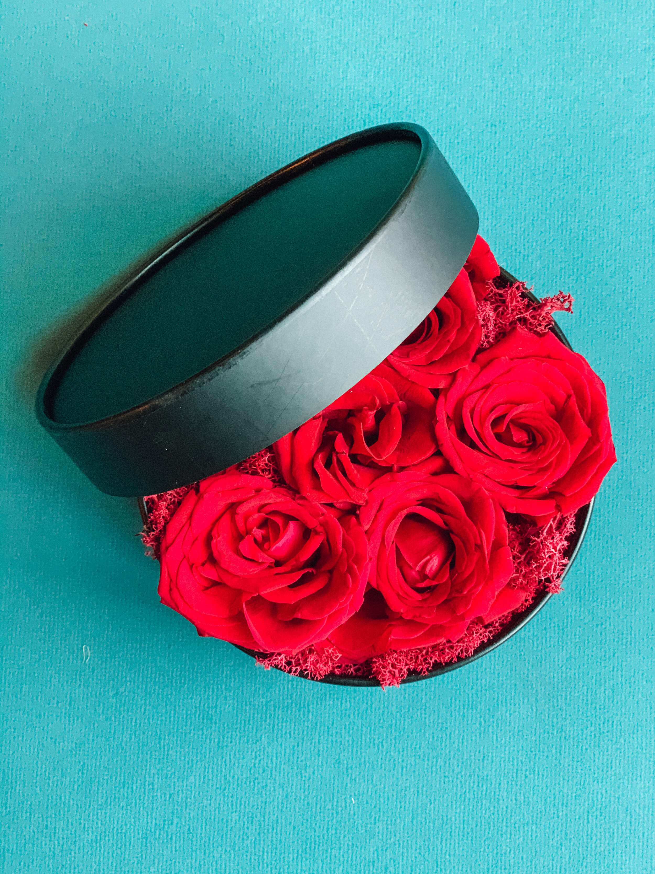 Red rose arrangement in a black hat box for Valentine’s Day, available for delivery in Edmonton, St. Albert and surrounding areas.