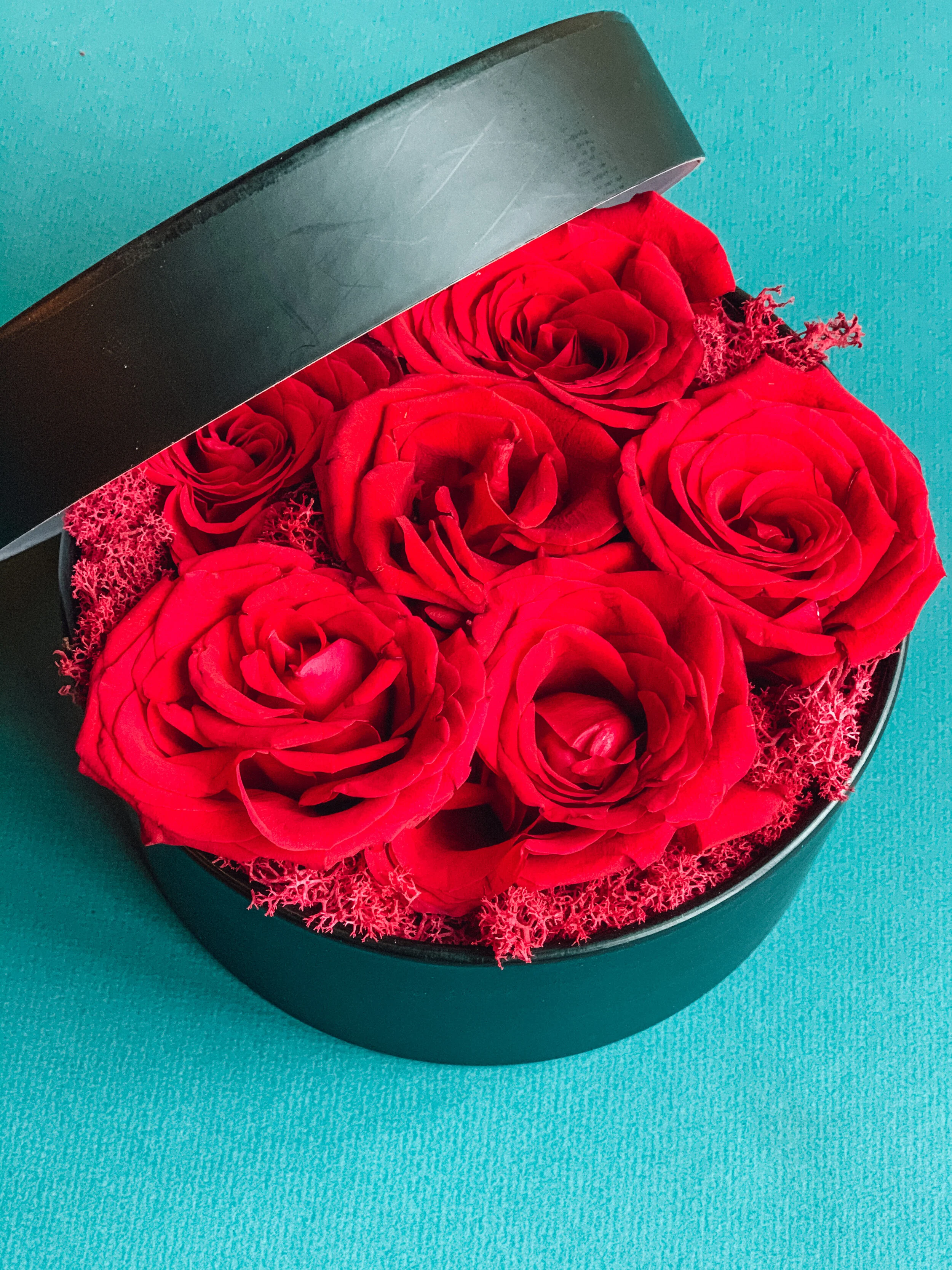Red rose arrangement in a black hat box for Valentine’s Day, available for delivery in Edmonton, St. Albert and surrounding areas.