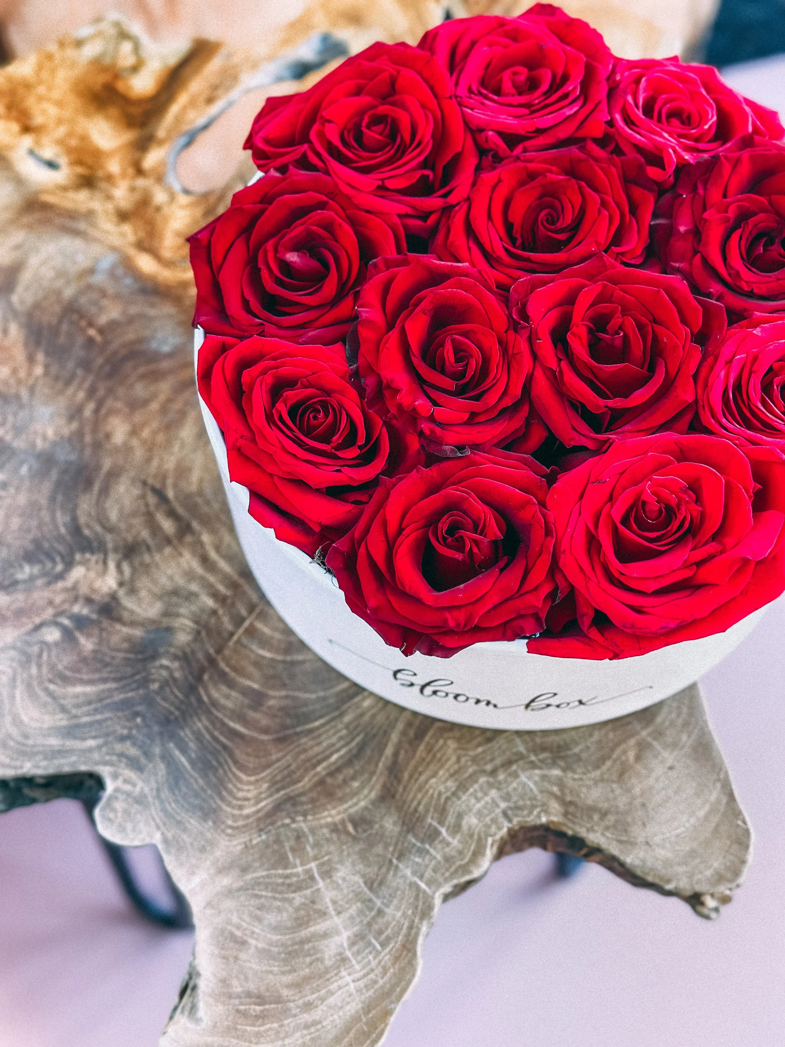 Red rose heart box arrangement in a white hat box for Valentine’s Day, available for delivery, Edmonton, St. Albert and surrounding areas.