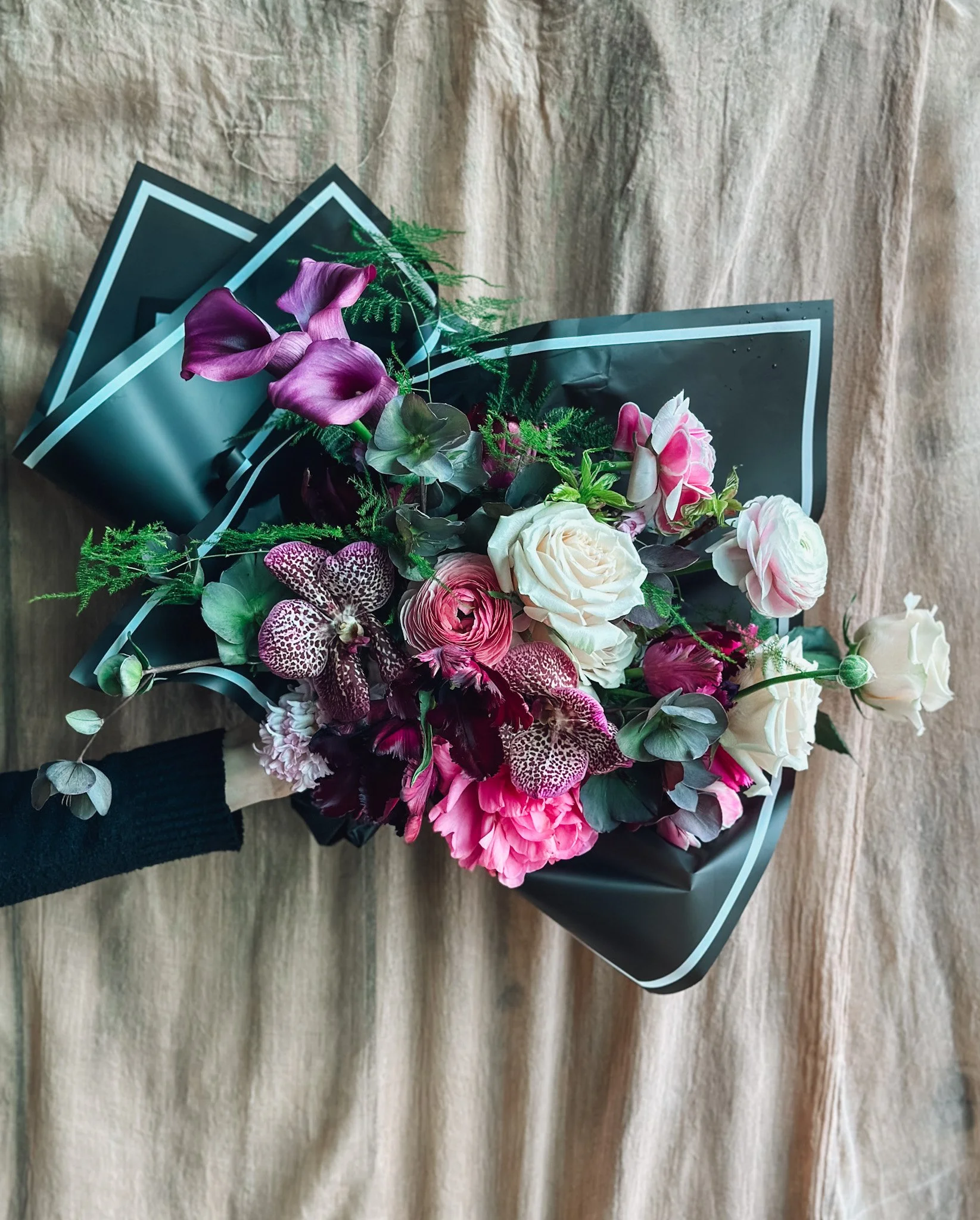 Designer cut flower bouquet with pink roses and deep plum florals, Edmonton florist delivery