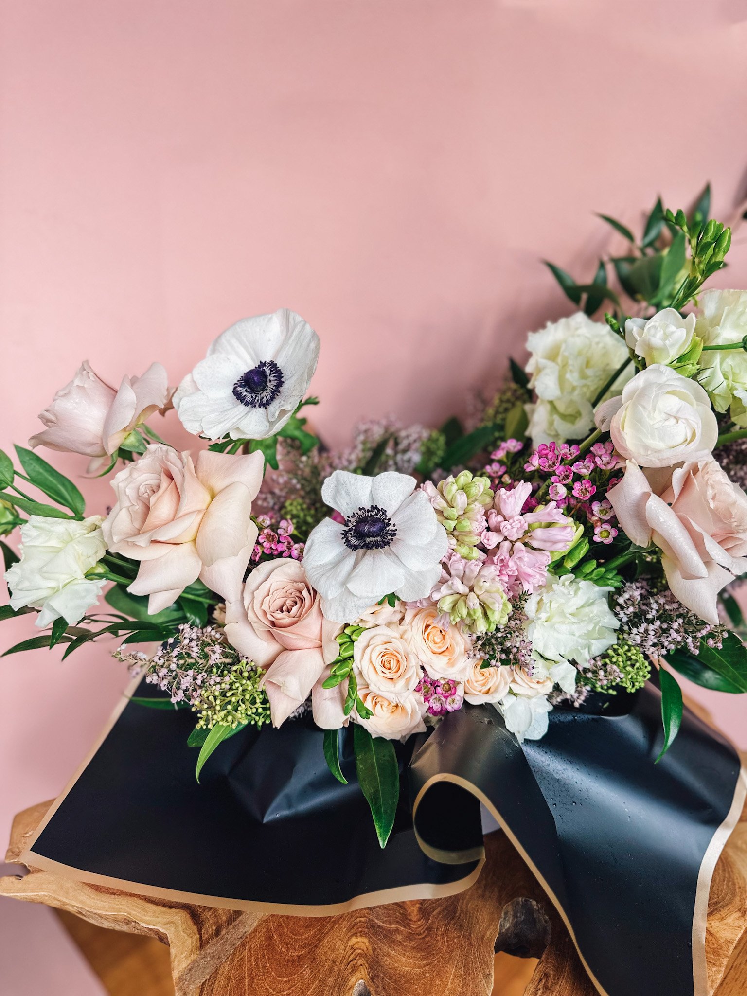 La Belle Fleur wide floral hatbox with blush roses, white anemones and garden flowers, Edmonton florist