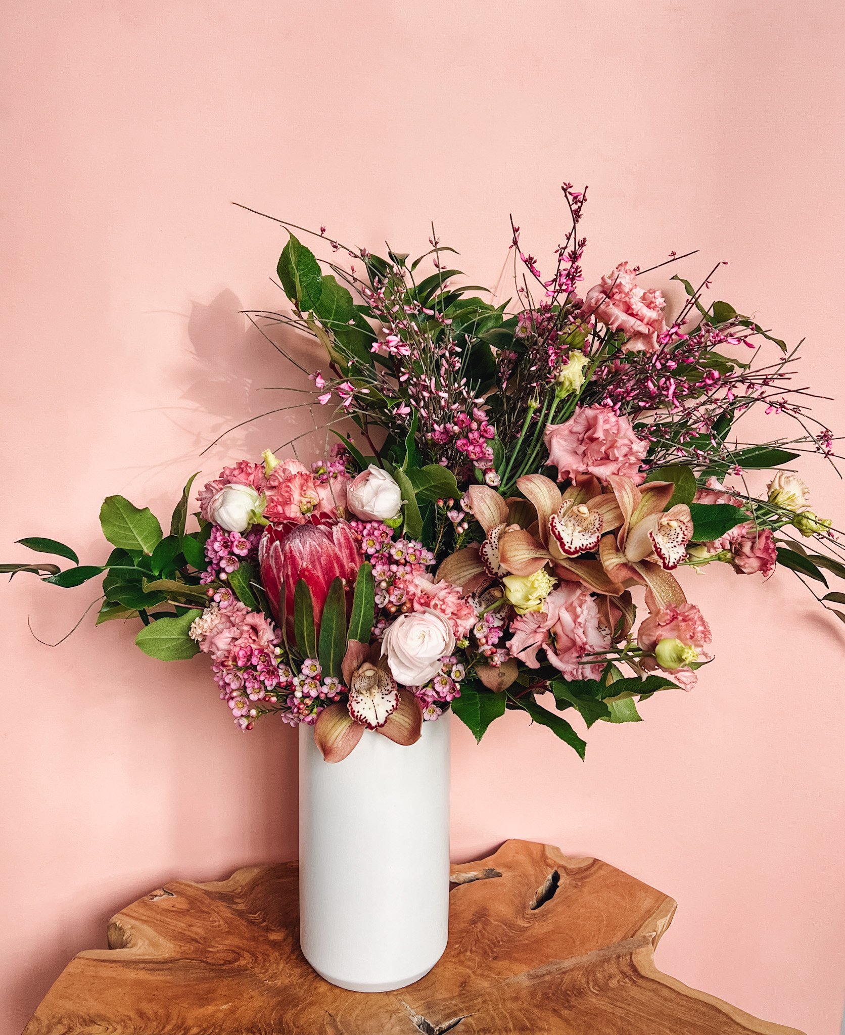 Modern tall floral arrangement with pink and neutral blooms, Edmonton and St. Albert florist delivery