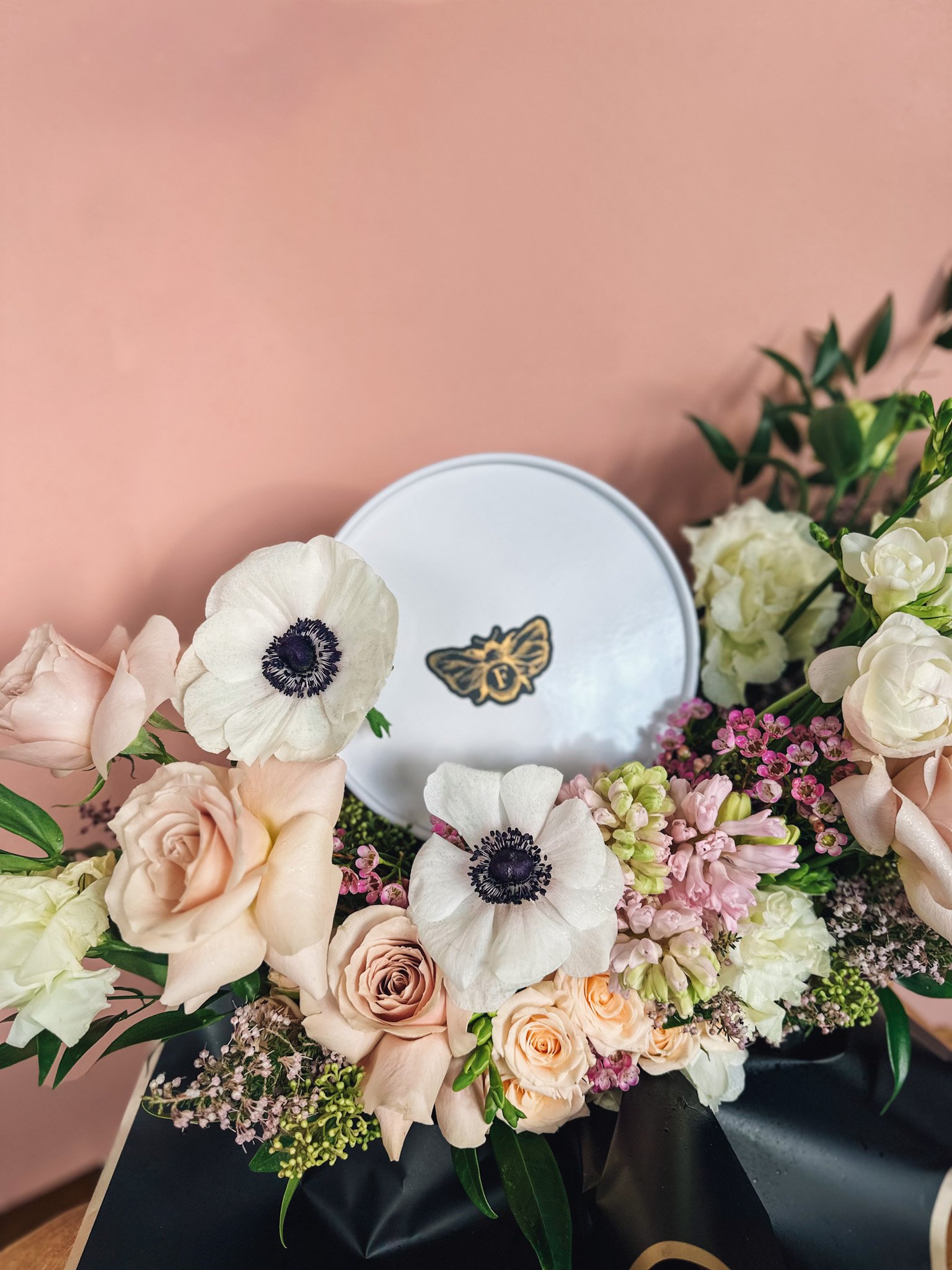 La Belle Fleur designer floral hatbox with blush roses and anemones in luxury white box, Edmonton florist