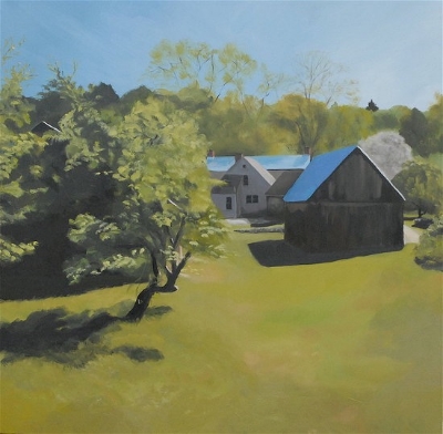 Spring barns. 36 x 36 inches, oil on canvas.