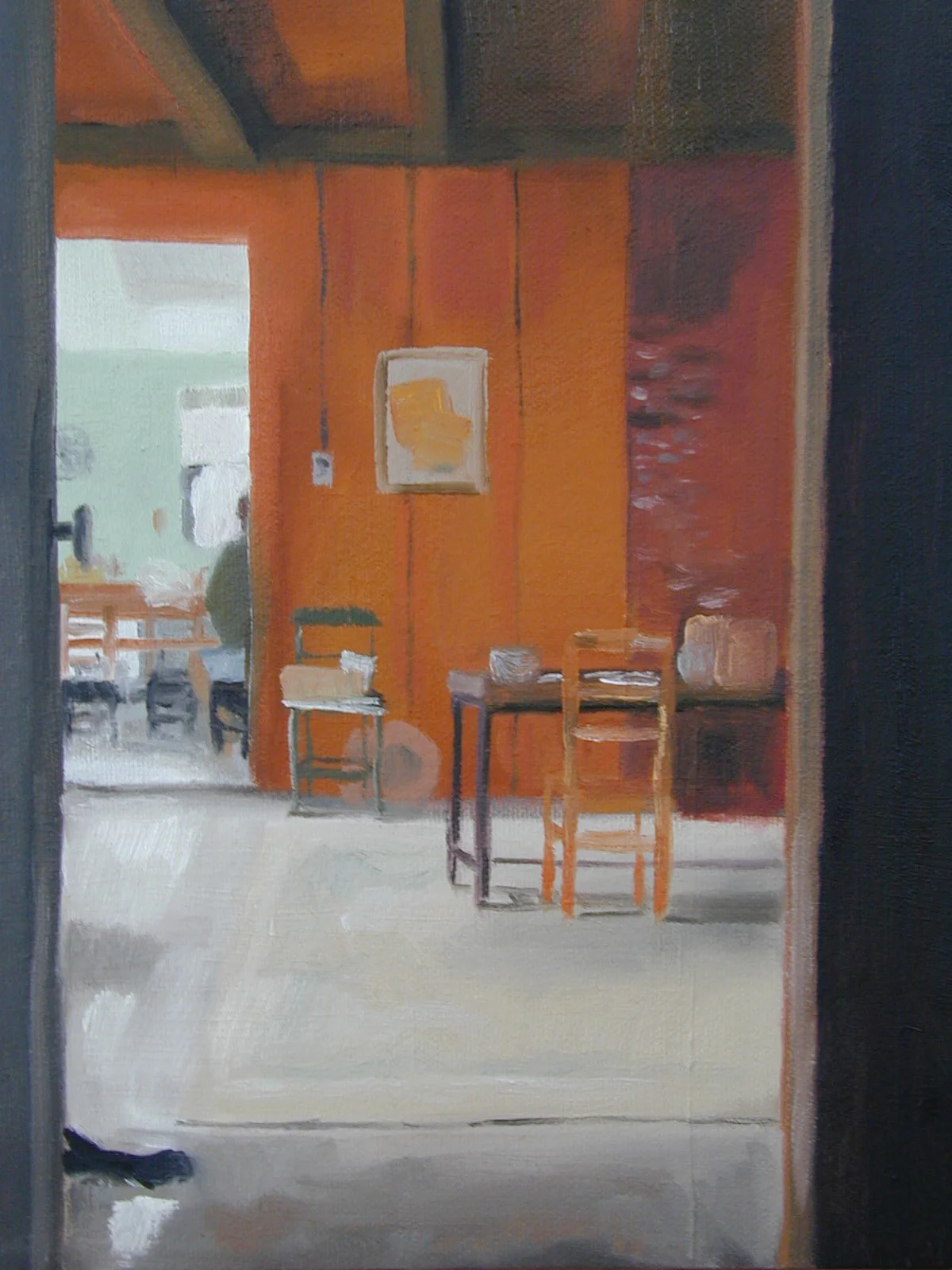 Dining room into the kitchen. 10x8 inches, oil on canvas
