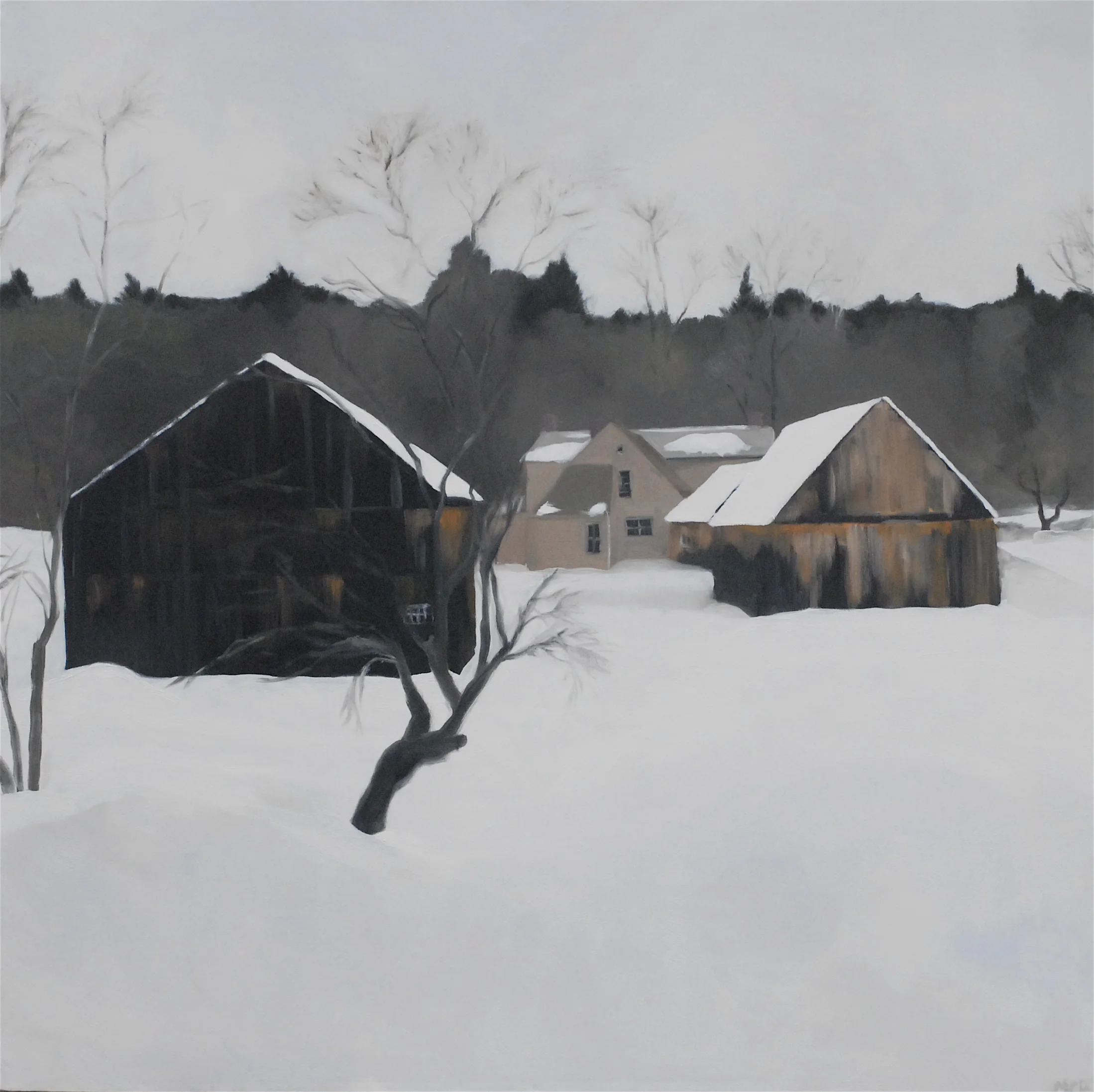 Winter barns. 36 x 36 inches, oil on canvas