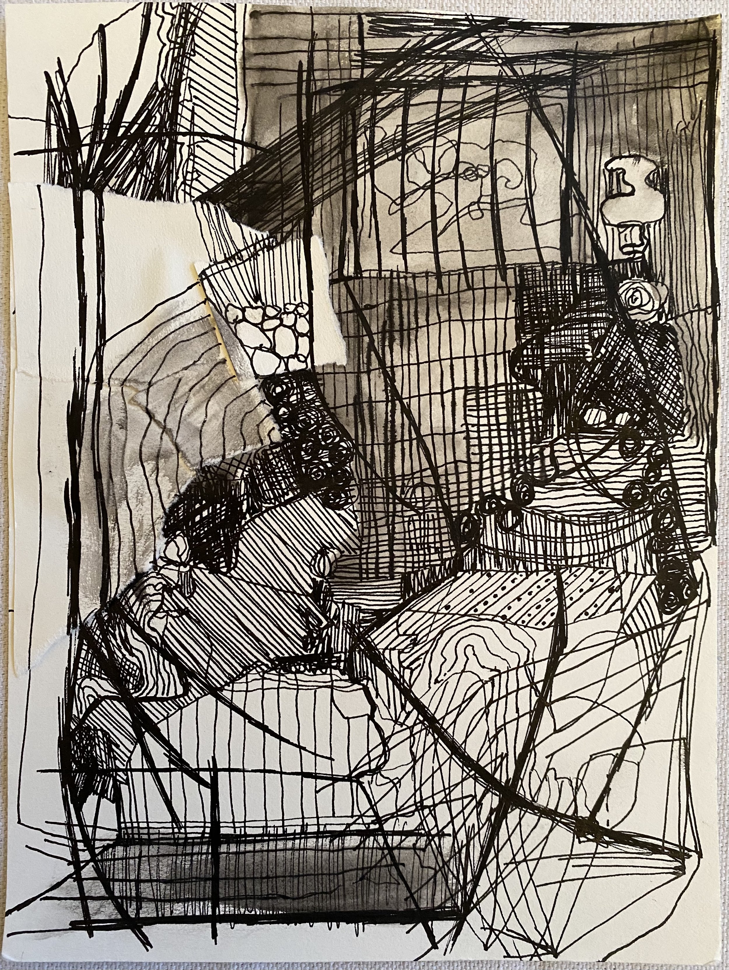 While Bartley Plays Piano, 2021 8x6 inches, ink on paper, with glue