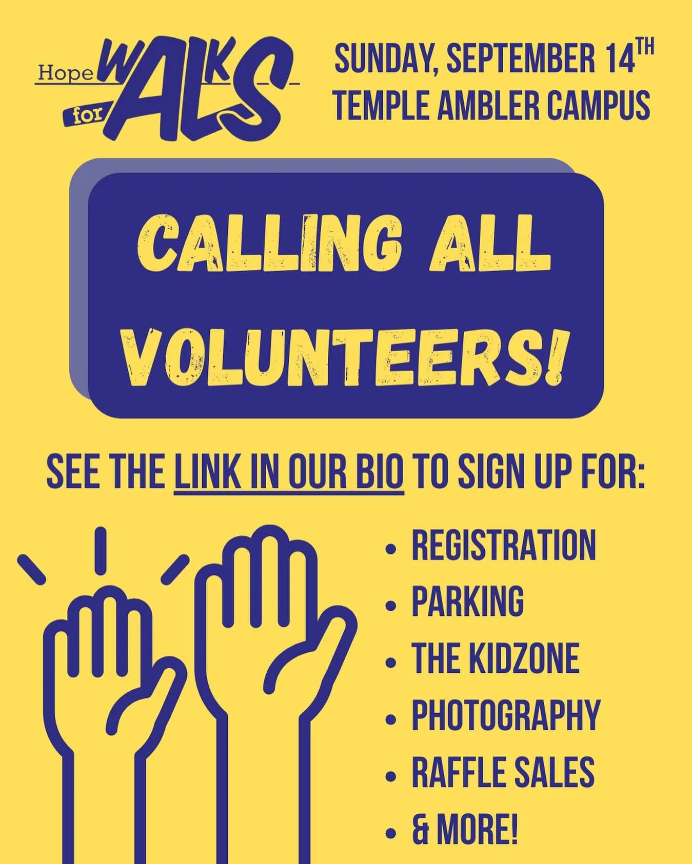 💙💛 Hope Walks for ALS is just around the corner &mdash; and we need passionate volunteers to help make it unforgettable! ✨
Come and join us in a variety of roles:
🎟️ Raffle Sales
📸 Photography
🎨 KidZone Activities
🧃 Food Stations
&hellip;and mo