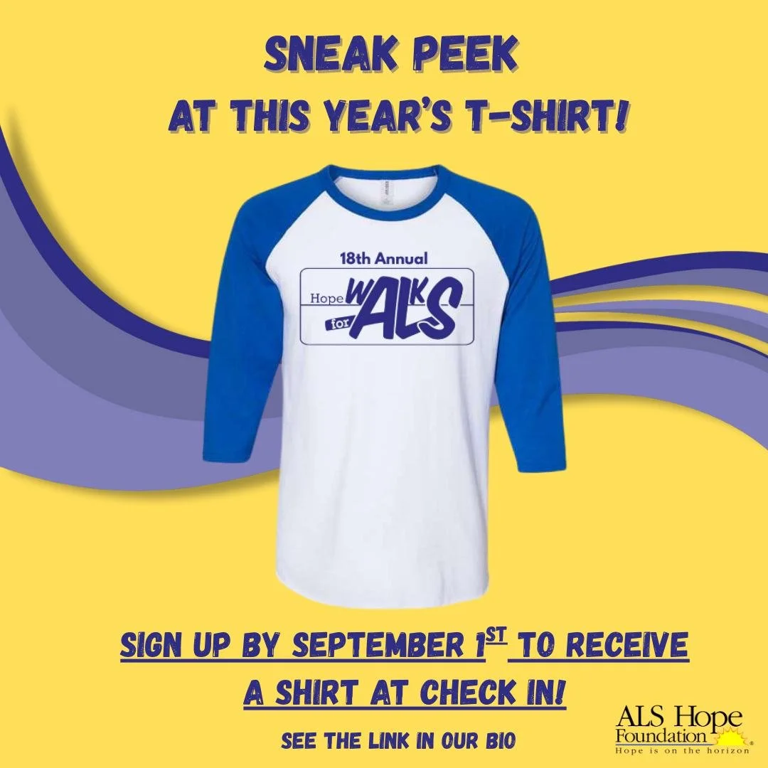 The deadline to get your t-shirt for the 18th Annual Hope Walks for ALS is right around the corner. Sign up by September 1st to secure your one-of-a-kind t-shirt at check-in! Sign up today via the link in our bio