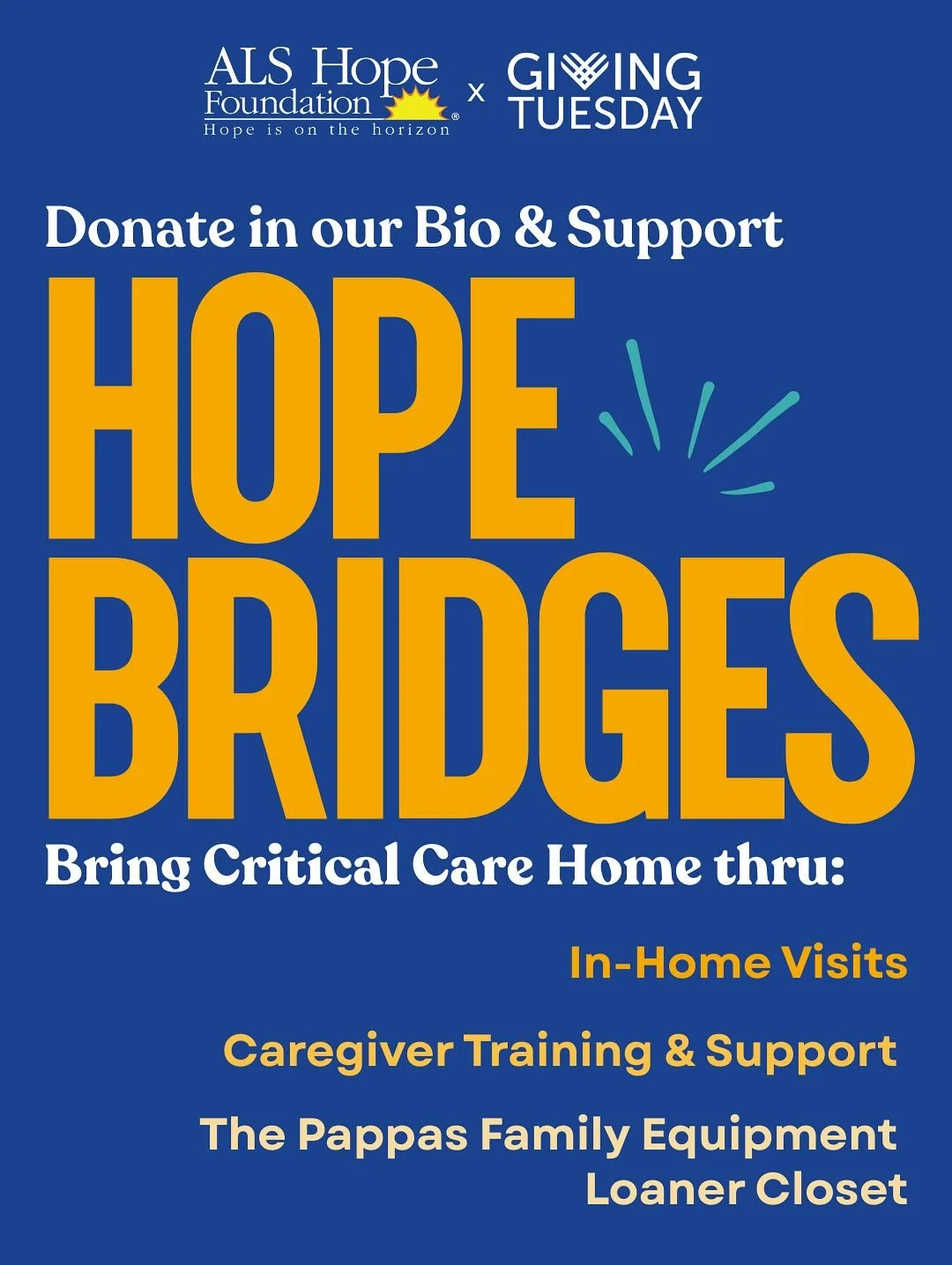 Your giving Tuesday donation goes to help fund programs like Hope Bridges! Hope Bridges brings critical care and support to patients where they need it most - their home. Donate today via the link in our bio! 

#givingtuesday #als #alshope #alshf #ho