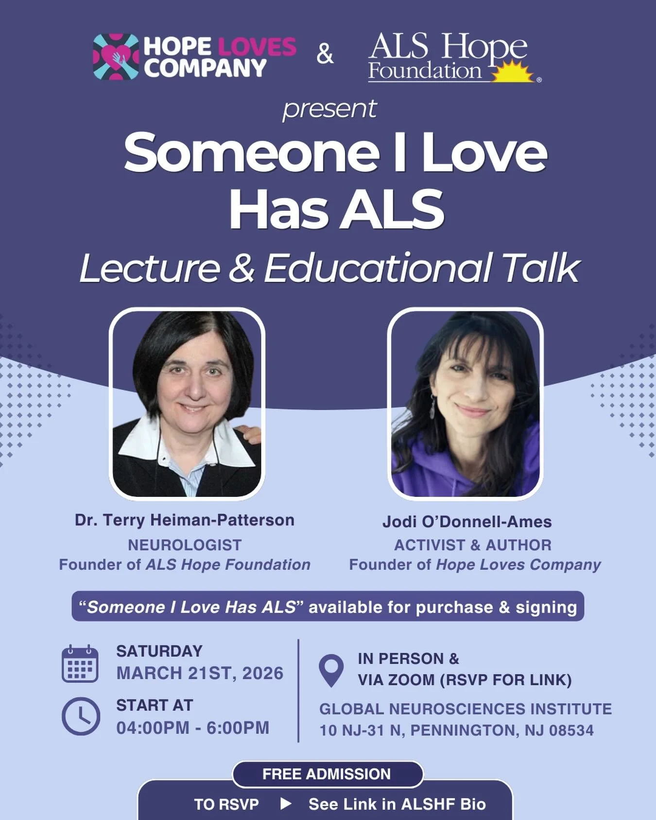 ** This event is now fully virtual ** 

The ALS Hope Foundation and Hope Loves Company are teaming up for a one of a kind event! 

The community gathering, lecture, and educational conversation will be hosted by Jodi O&rsquo;Donnell Ames and Dr. Terr