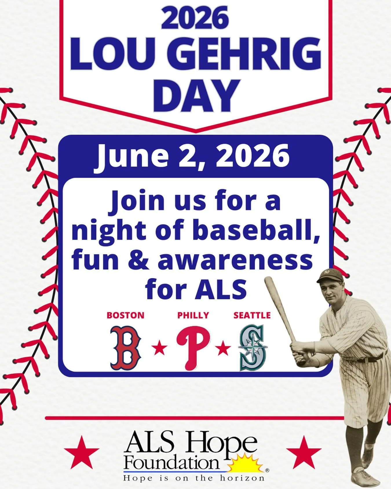 Announcing: ALS Hope Foundation&rsquo;s Lou Gehrig Day events!
⚾️
We are excited to announce that this year, ALS Hope Foundation will be represented in three MLB stadiums for Lou Gehrig Day on June 2nd. This year, we will be in Boston at Fenway Park,