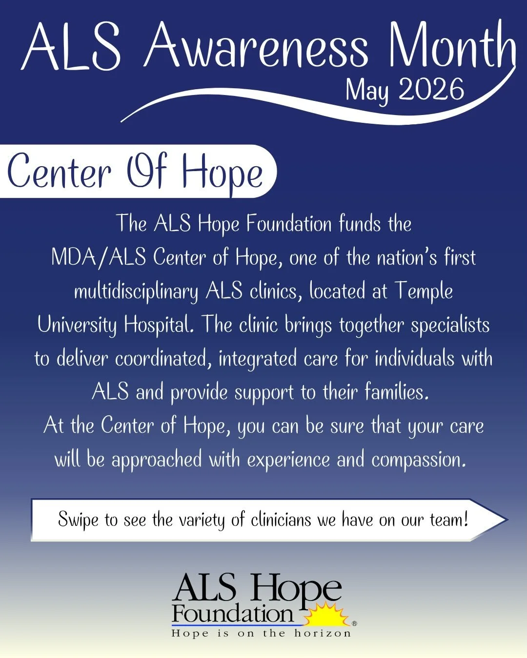 Every Tuesday is Clinic Day here at the MDA/ALS Center of Hope! We are so thankful for all of our dedicated clinicians!

💙 See the link in our bio to learn more about the Center of Hope or visit ALSHF.org/center-of-hope