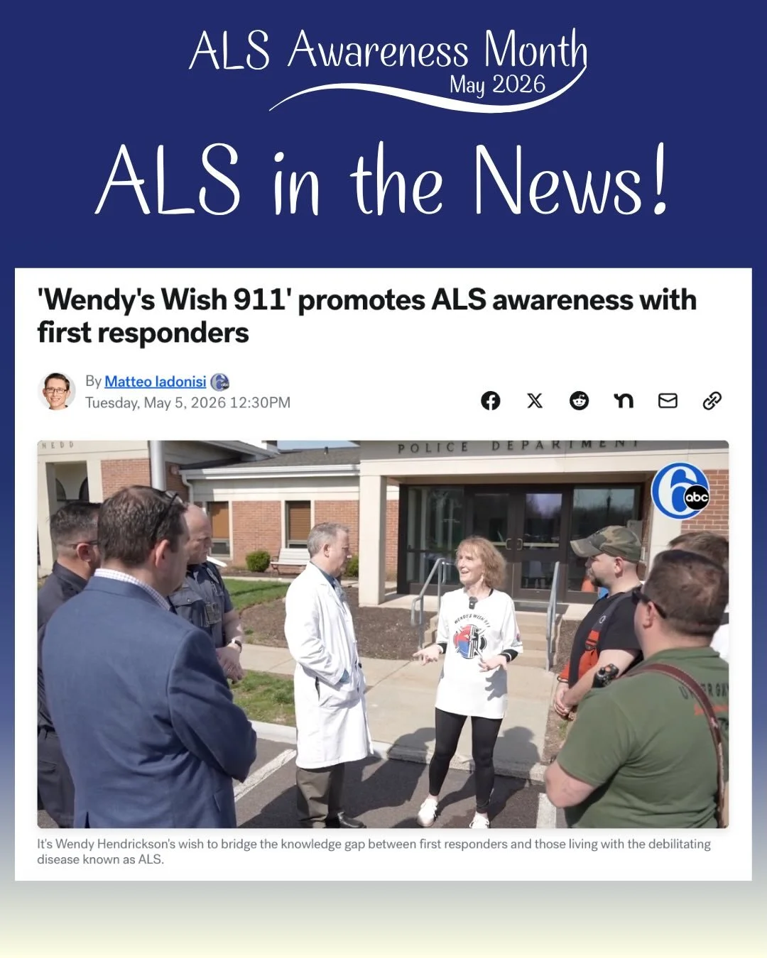 Wendy Hendrickson, the founder of Wendy&rsquo;s Wish 911 and ALS Warrior, was recently featured on 6ABC news! Wendy&rsquo;s Wish 911&rsquo;s mission is to raise awareness and create protocols to bridge the knowledge gap between first responders and i