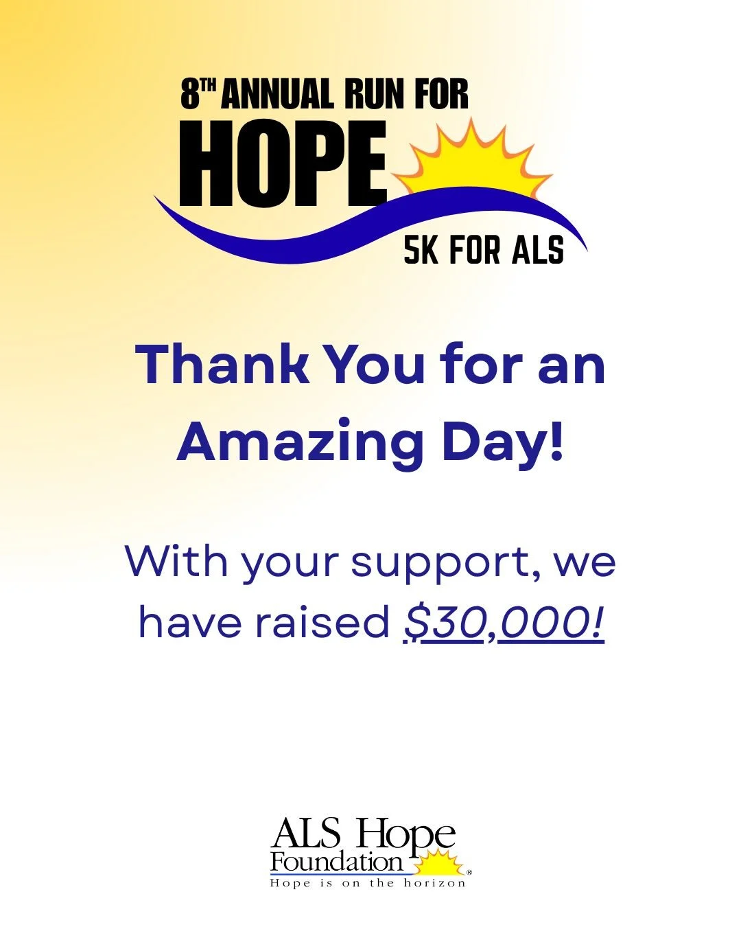 Yesterday, we had a blast at our 8th Annual Run for Hope 5k for ALS! Thank you to each and every participant who came together to help us raise $30,000! 

We cannot win this fight alone.  We are deeply appreciative of our Community and their dedicati