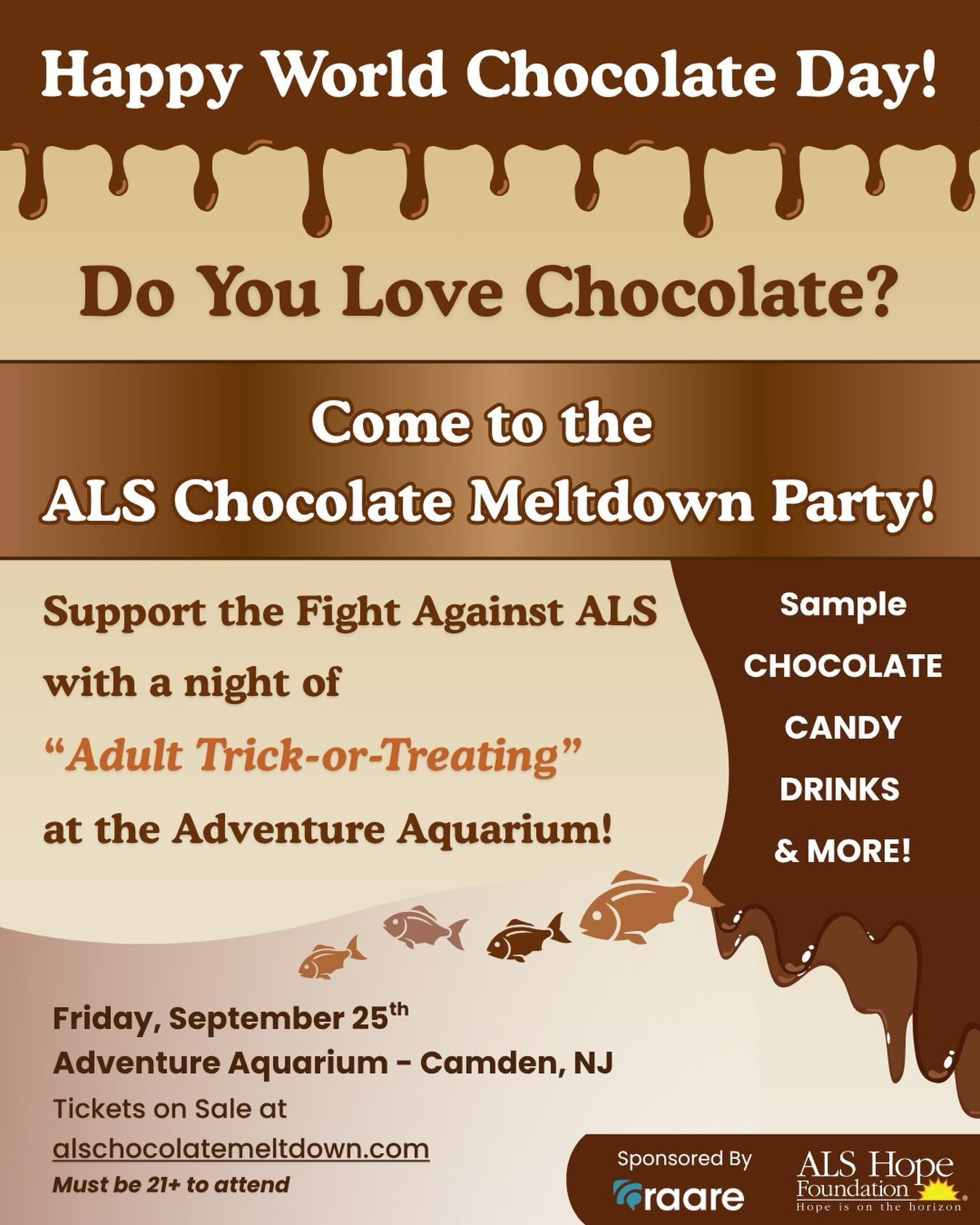 Happy World Chocolate Day! 
If you love chocolate, be sure to join us at the ALS Chocolate Meltdown Party! 
🍫
Enjoy a variety of vendors and indulge in endless candy and sweets, all against the stunning backdrop of the Adventure Aquarium!
🍫
All pro