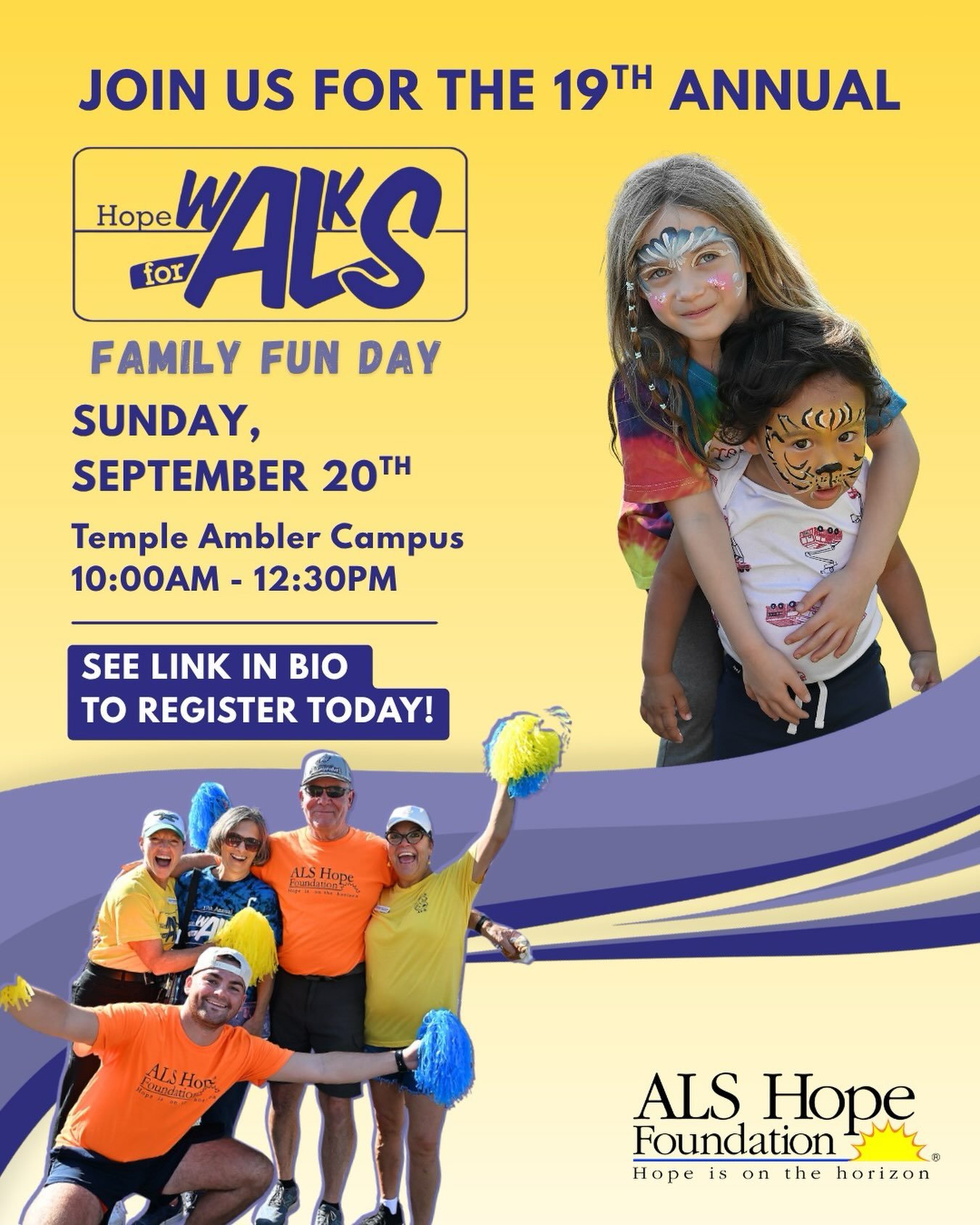 The 19th Annual Hope Walks for ALS Family Day is back for another year of raising awareness and funds for the fight against Amyotrophic Lateral Sclerosis (ALS). Join us for a day of filled with activities for the whole family! All proceeds from the e