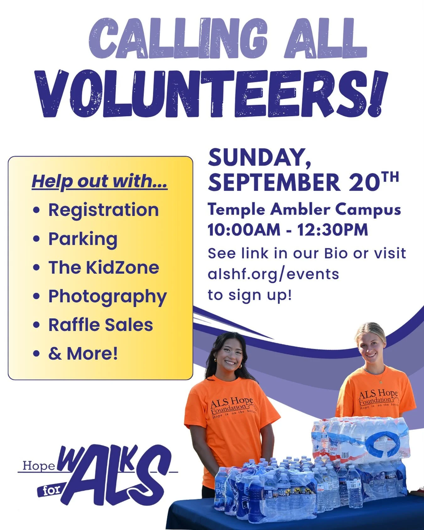 Become a volunteer for our 19th Annual Hope Walks for ALS!
☀️
Join this day of family-friendly fun, and support us with registration, parking, the Kidzone, photography, raffle sales, and more! To become a volunteer, complete the form via the link in 