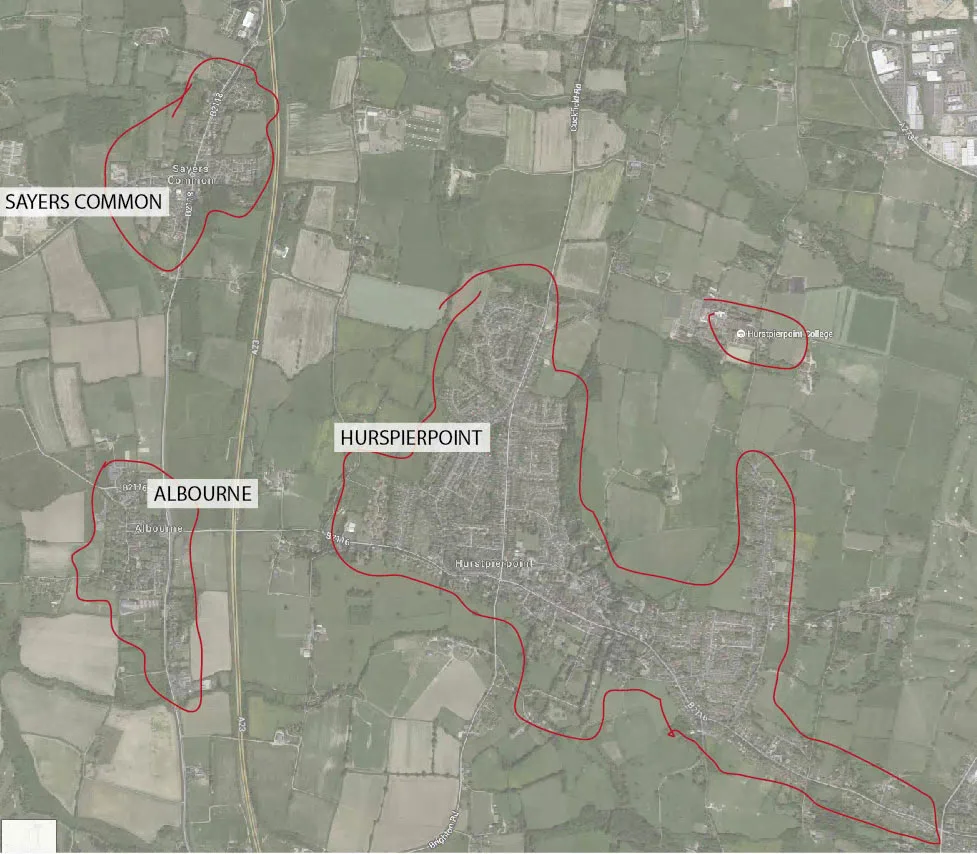 Map showing delivery area for Hurst Life magazine in Hurstpierpoint, Albourne and Sayers Common