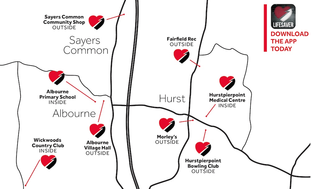 Where is the nearest defibrillator in Hurstpierpoint, Sayers Common and Albourne?