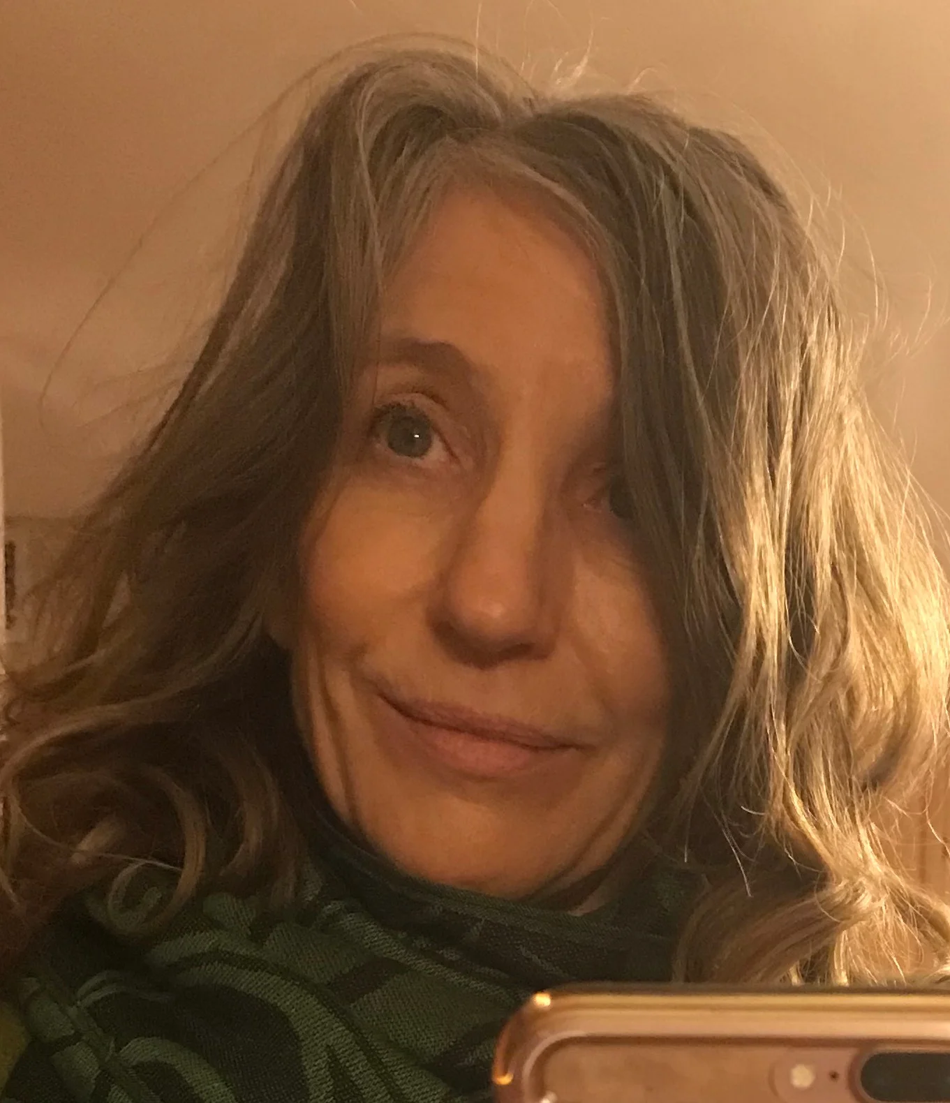 Author selfie, December 27, 2018; natural hair, little make-up and a bit disheveled. On the cusp of 60 years, author goal = mature gracefully.