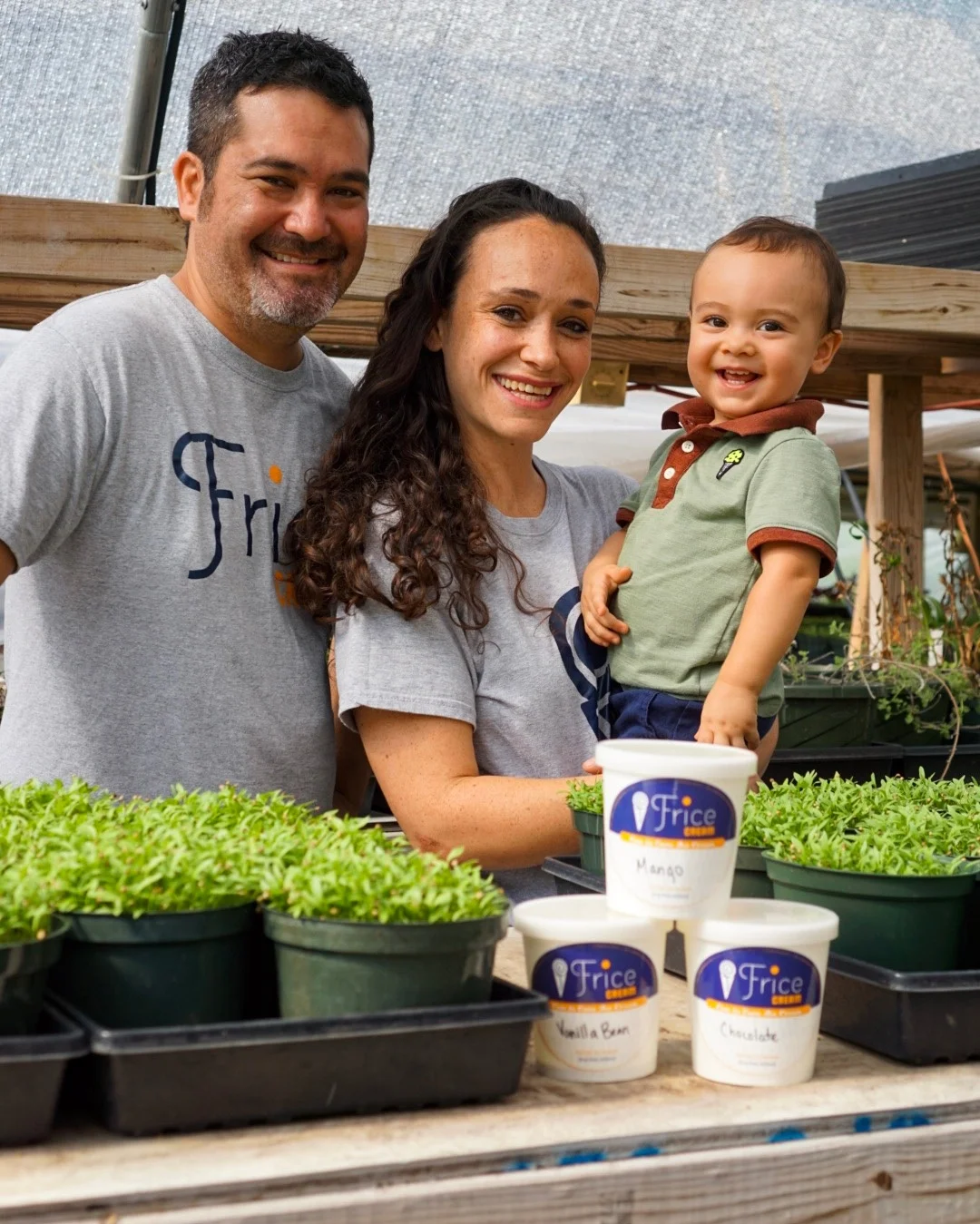 Jeremy, Alissa & Jaxon Frice hanging out at Harpke Family Farm where they source some ingredients