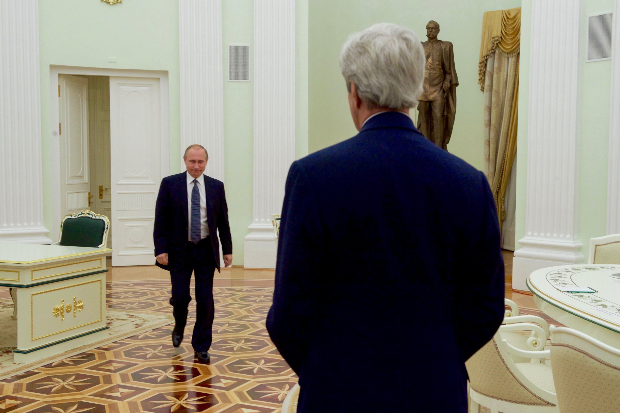  President Putin enters to greet Secretary Kerry - after keeping him waiting for hours. 