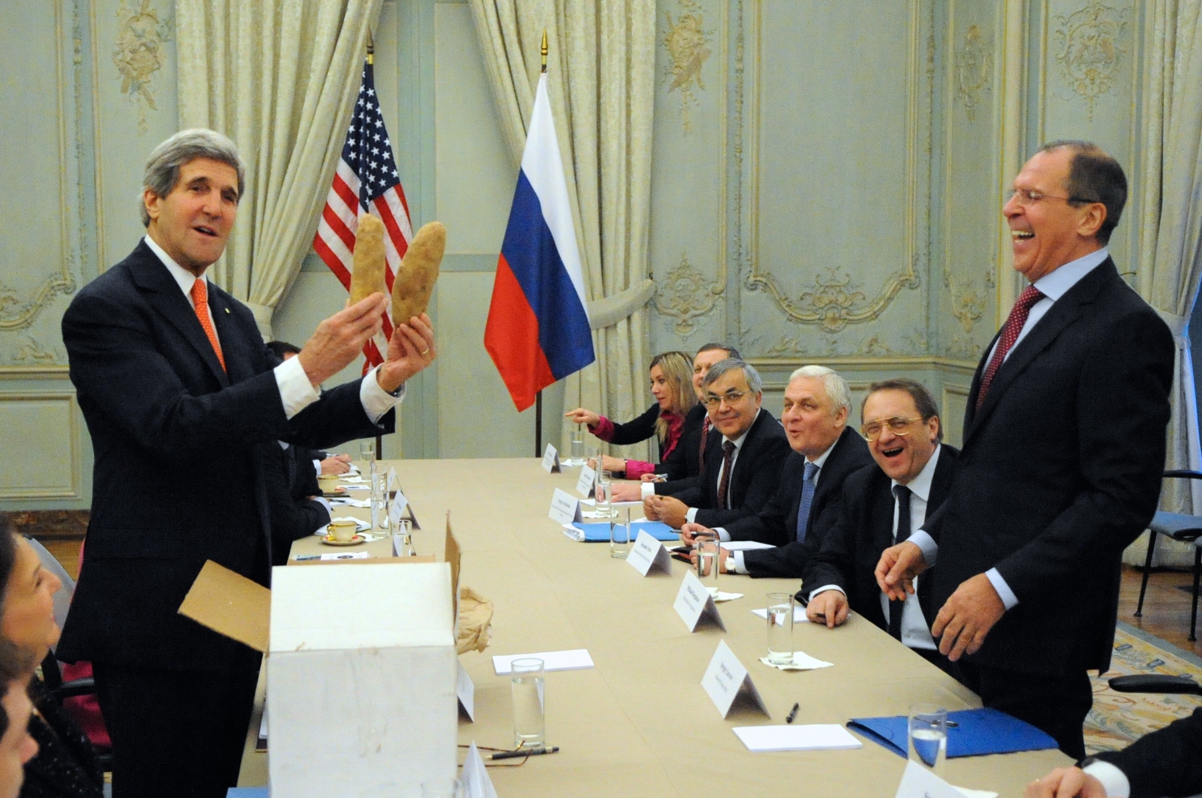  Secretary Kerry engages in potato diplomacy with Russian Foreign Minister Lavrov during a meeting in Paris. 