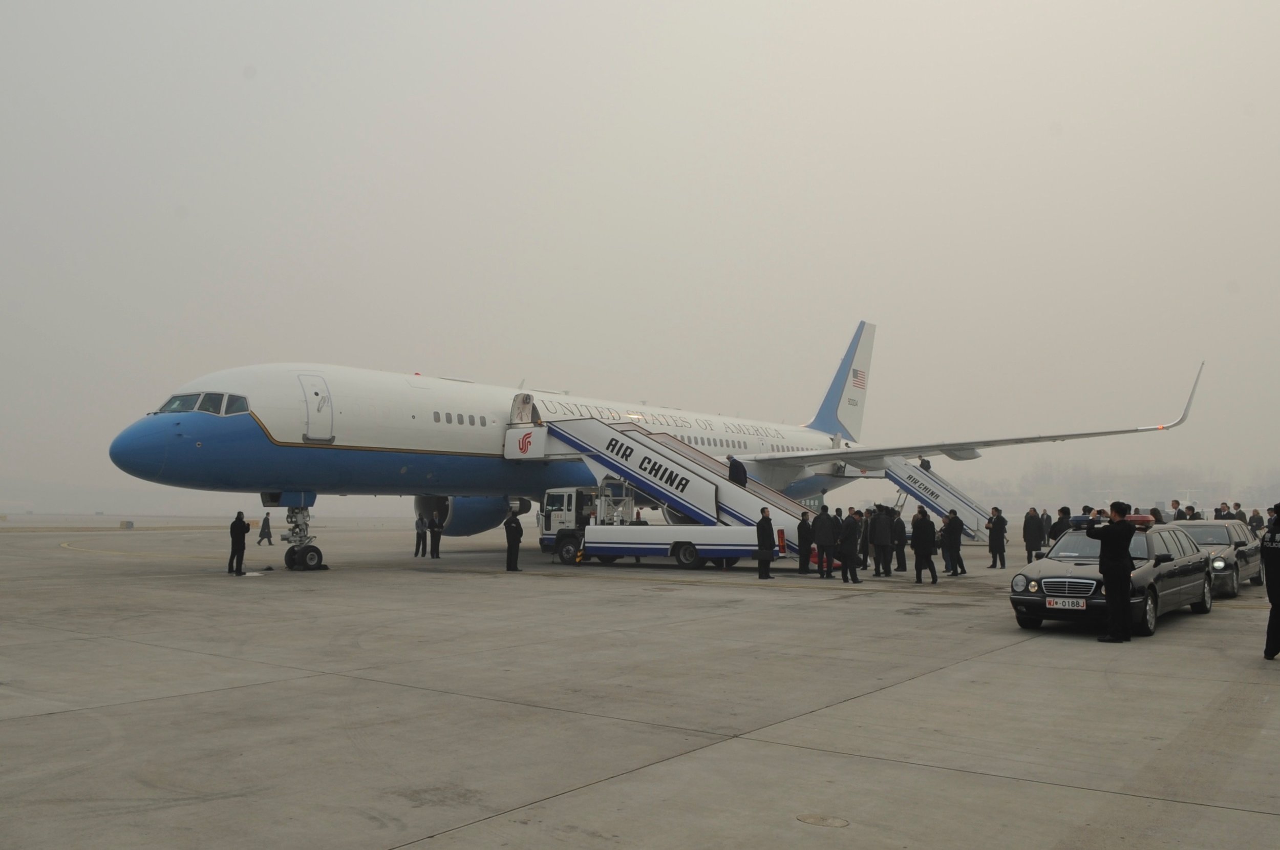  Our plane shrouded in smog in Beijing at high noon during a day that was crystal clear several thousand feet above the airport. 