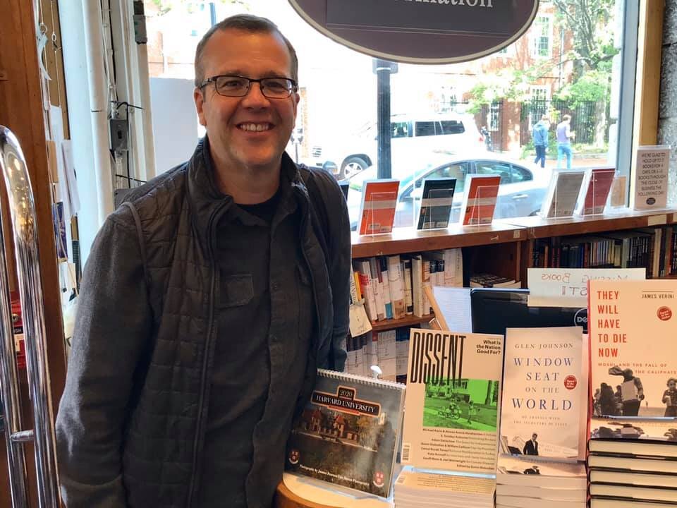  Standing with my book on display in the Harvard Bookstore in Cambridge, Mass. 