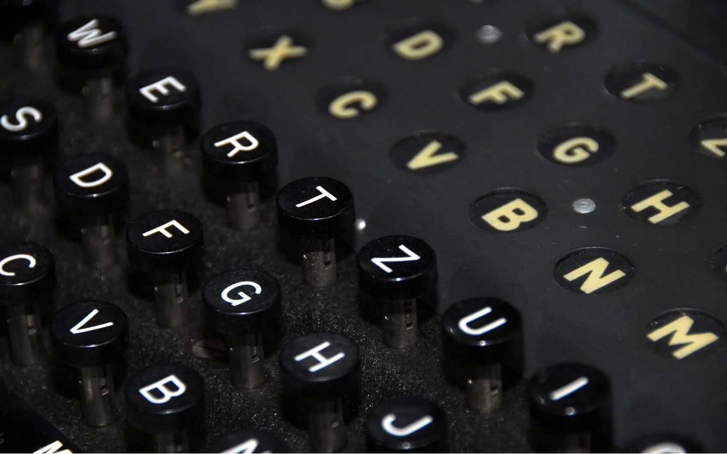 The keyboard of a code breaking machine like Enigma – The Germans, convinced their Enigma messages were unbreakable, used the machine for battlefield, naval and diplomatic communication.
