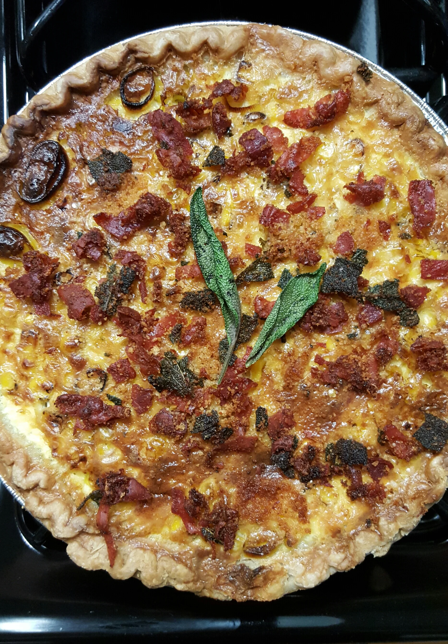 Corn and Leek Quiche with Proscuitto Sage Topping