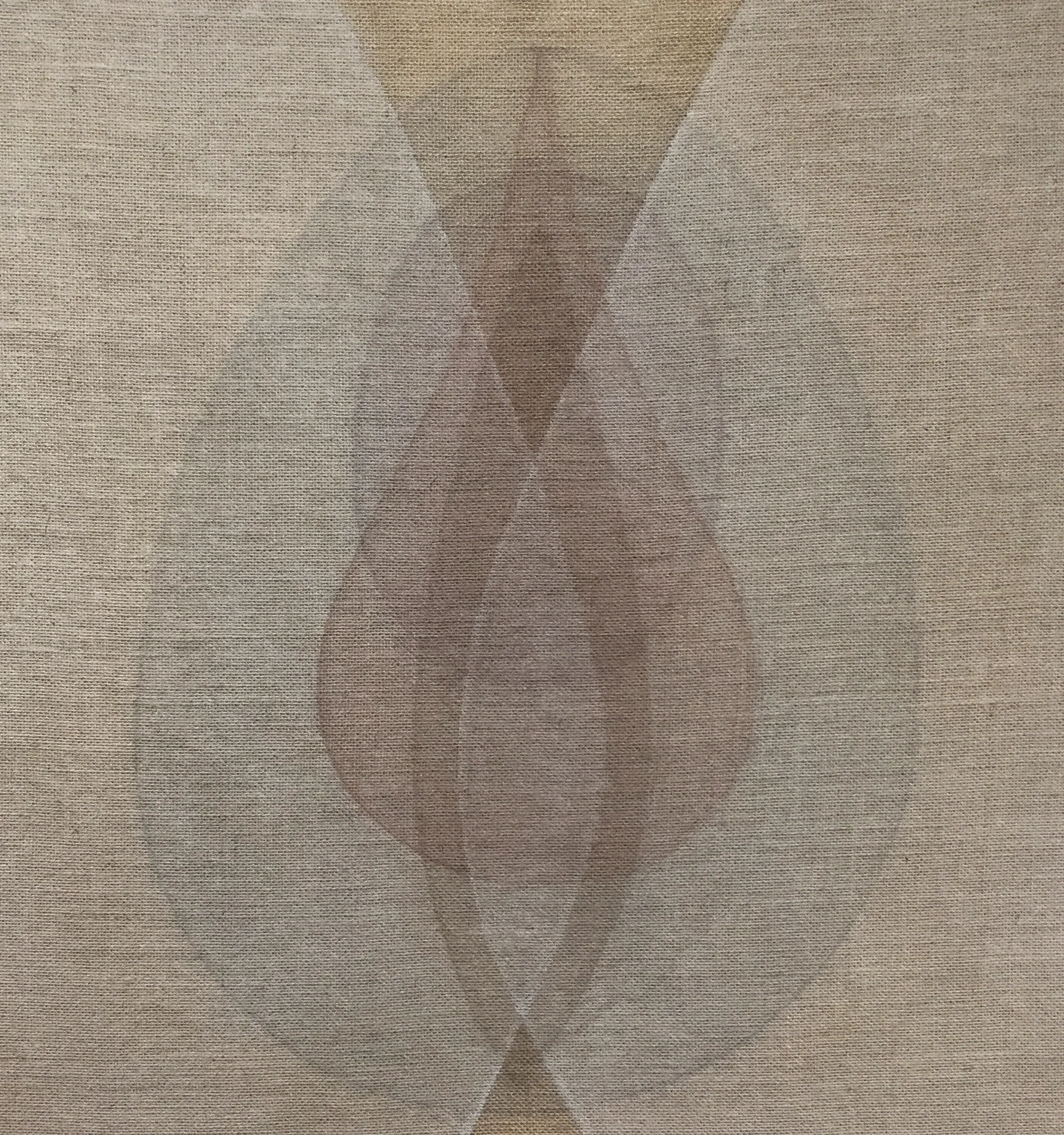 Seed grey-red , 2018, Ash, powdered quartz, devon mud and walnut hull on burlap, 31 x 29 in (79 x 74 cm)