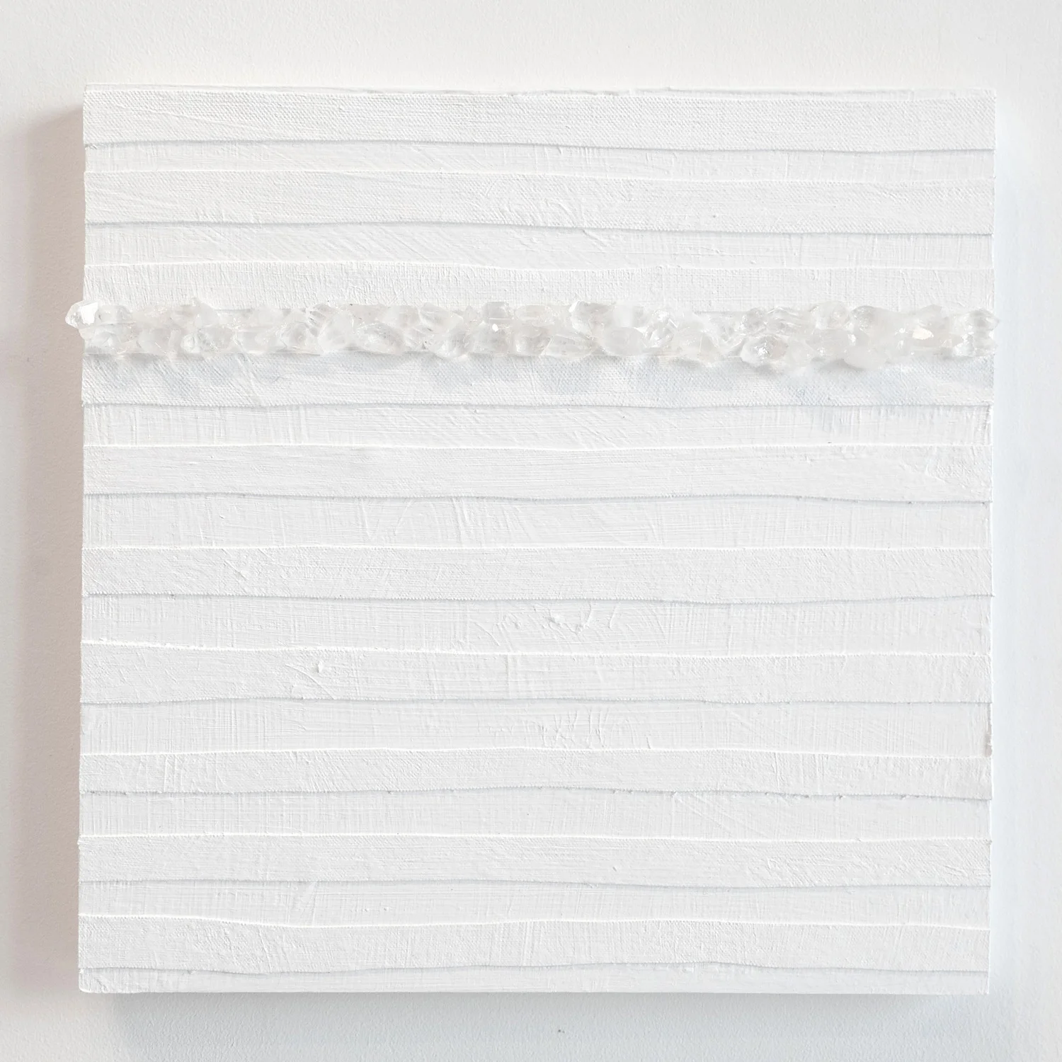 Crystal Cut Levitation #4 , 2019, Quartz crystal, acrylic and linen on wood panel 12 x 12 in (30.48 x 30.48 cm)