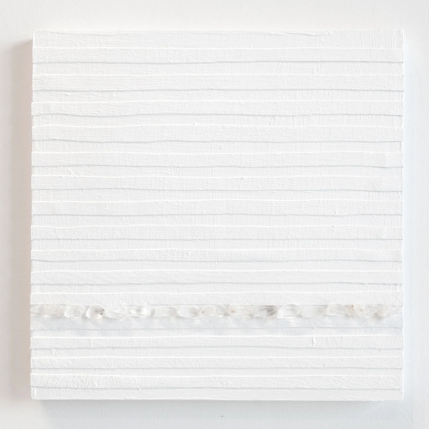 Crystal Cut Levitation #7 , 2019, Quartz crystal, acrylic and linen on wood panel 12 x 12 in (30.48 x 30.48 cm)